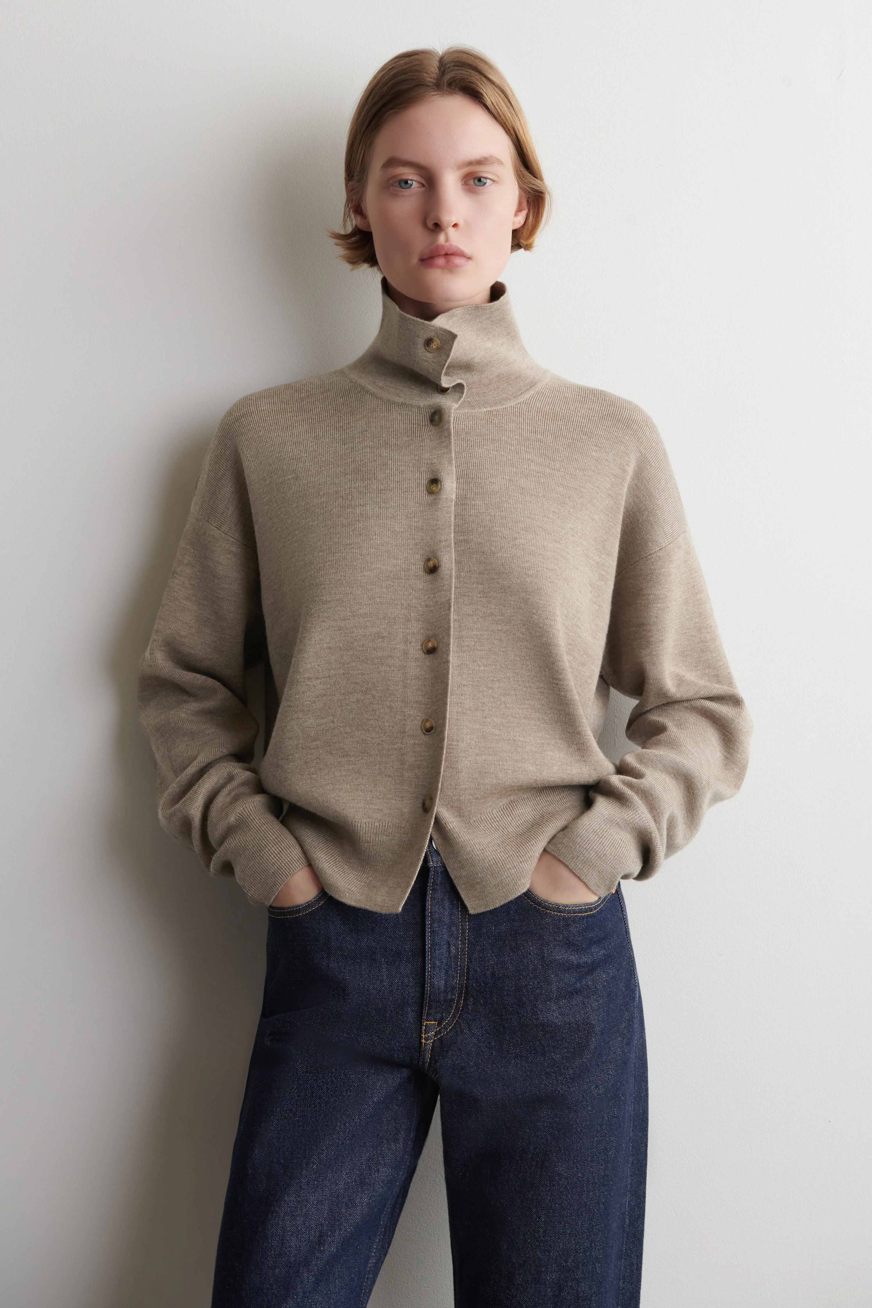 MERINO WOOL FUNNEL-NECK CARDIGAN - 1