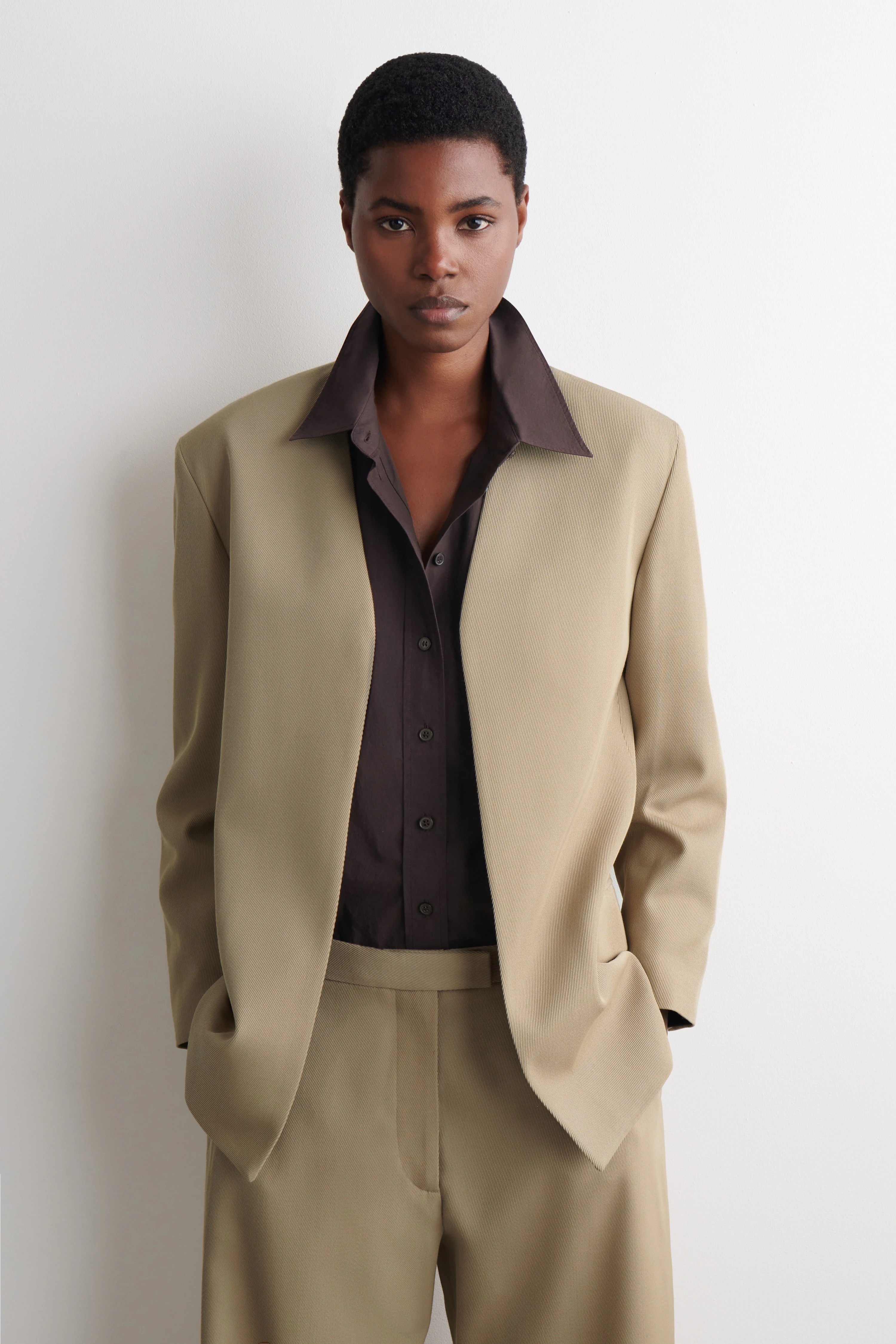 COLLARLESS WOOL-TWILL BLAZER - 1