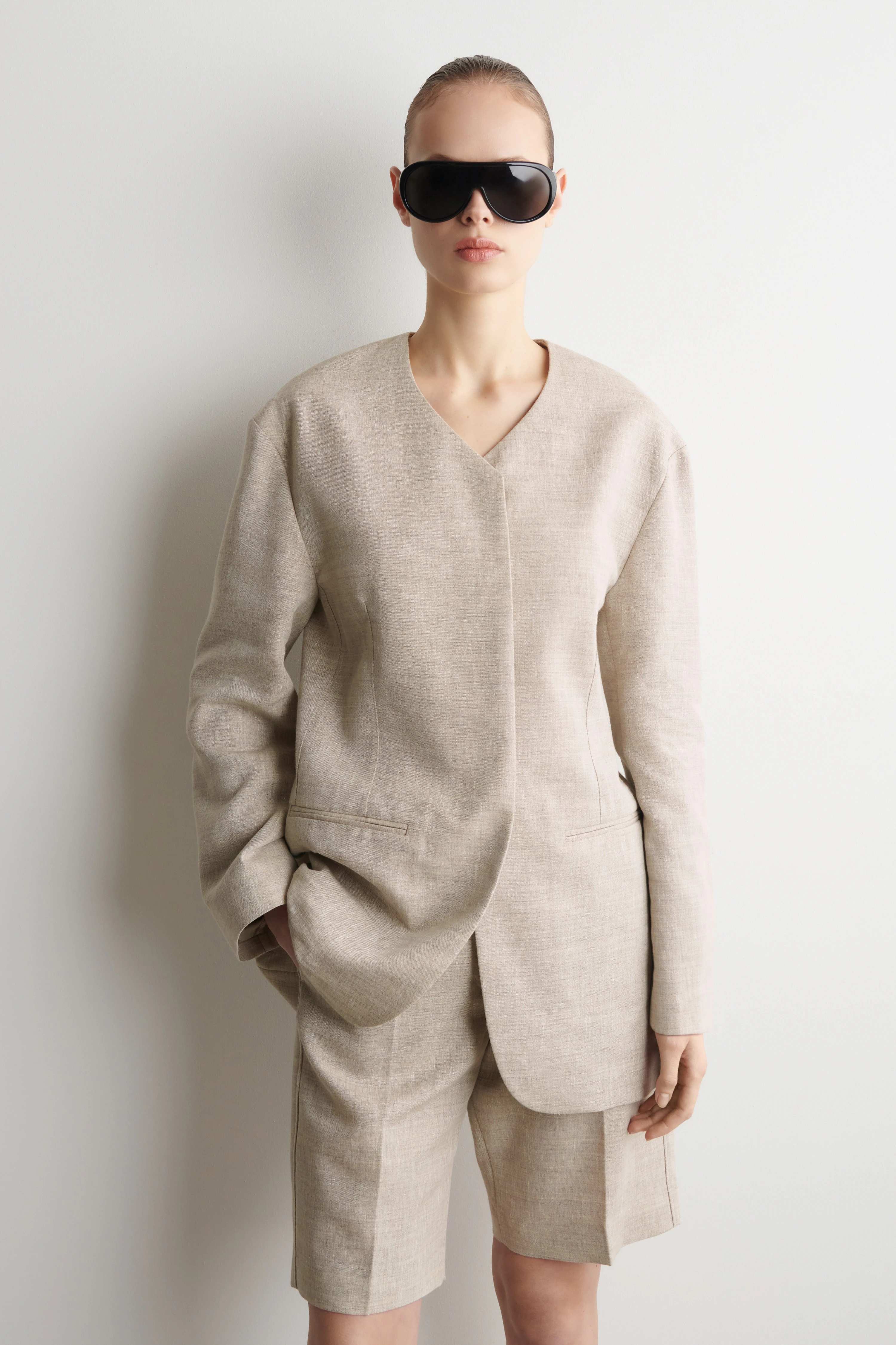 STRUCTURED COLLARLESS LINEN BLAZER - 3