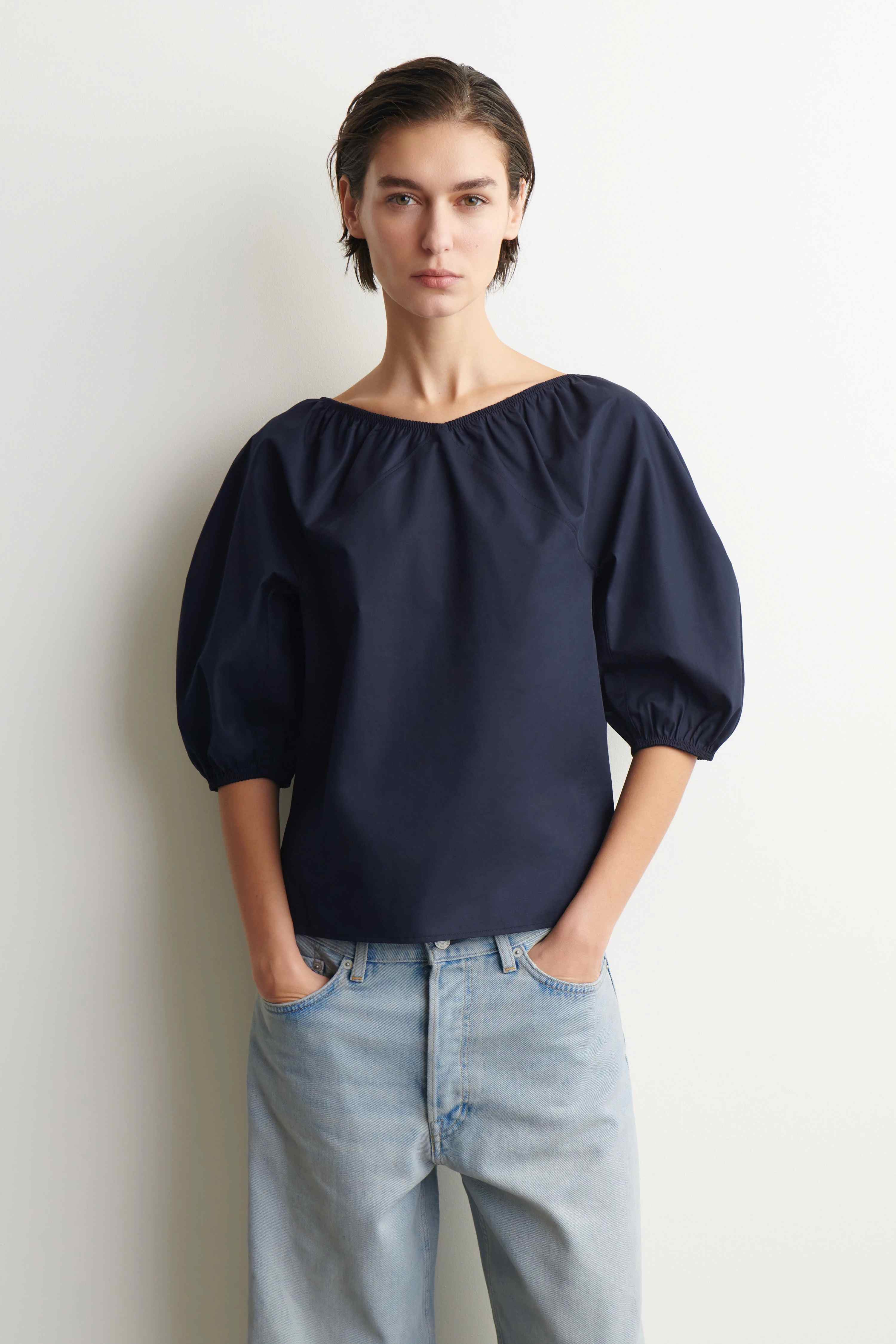 GATHERED PUFF-SLEEVE BLOUSE - 1