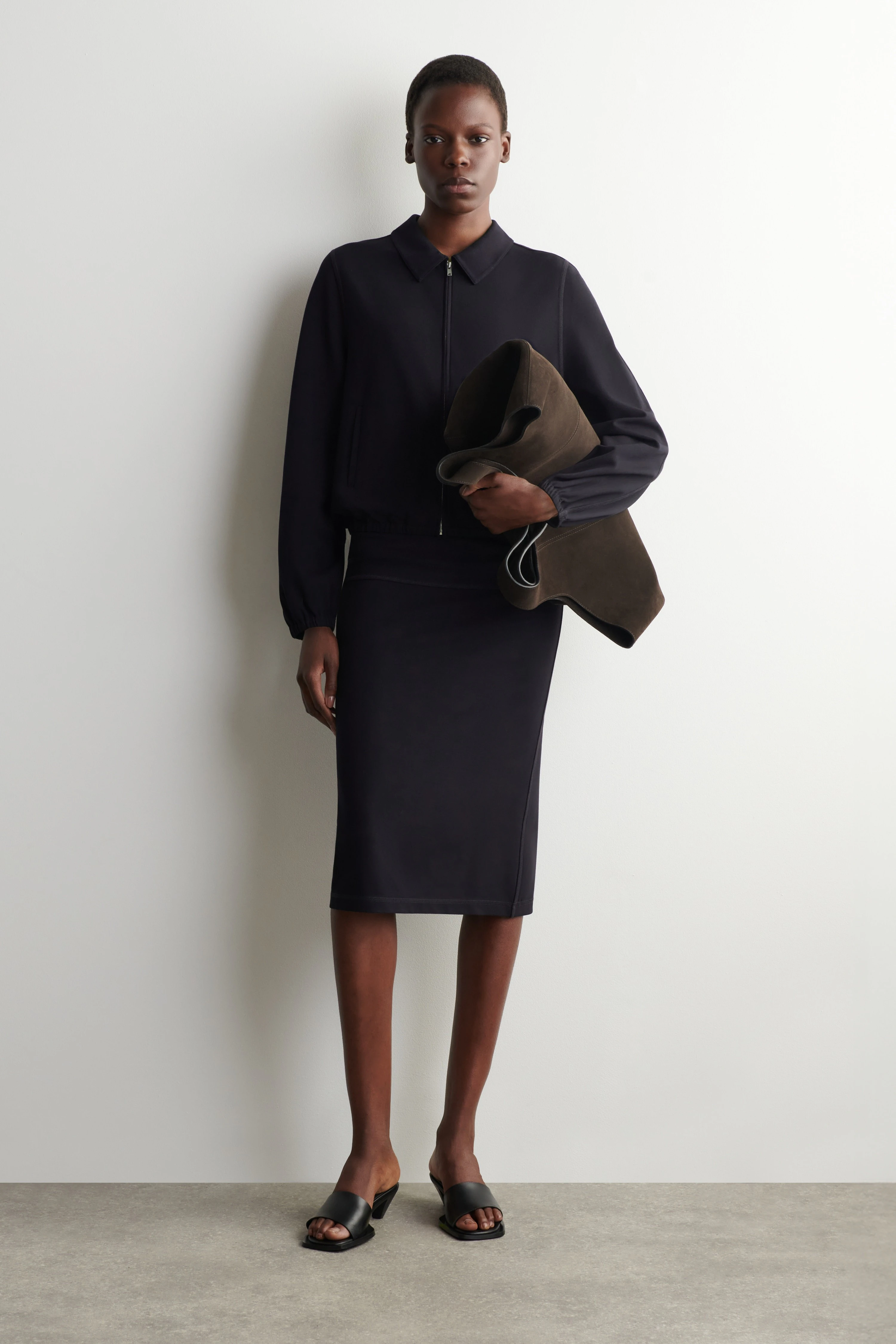 DRAWSTRING JERSEY STRAIGHT MIDI SKIRT