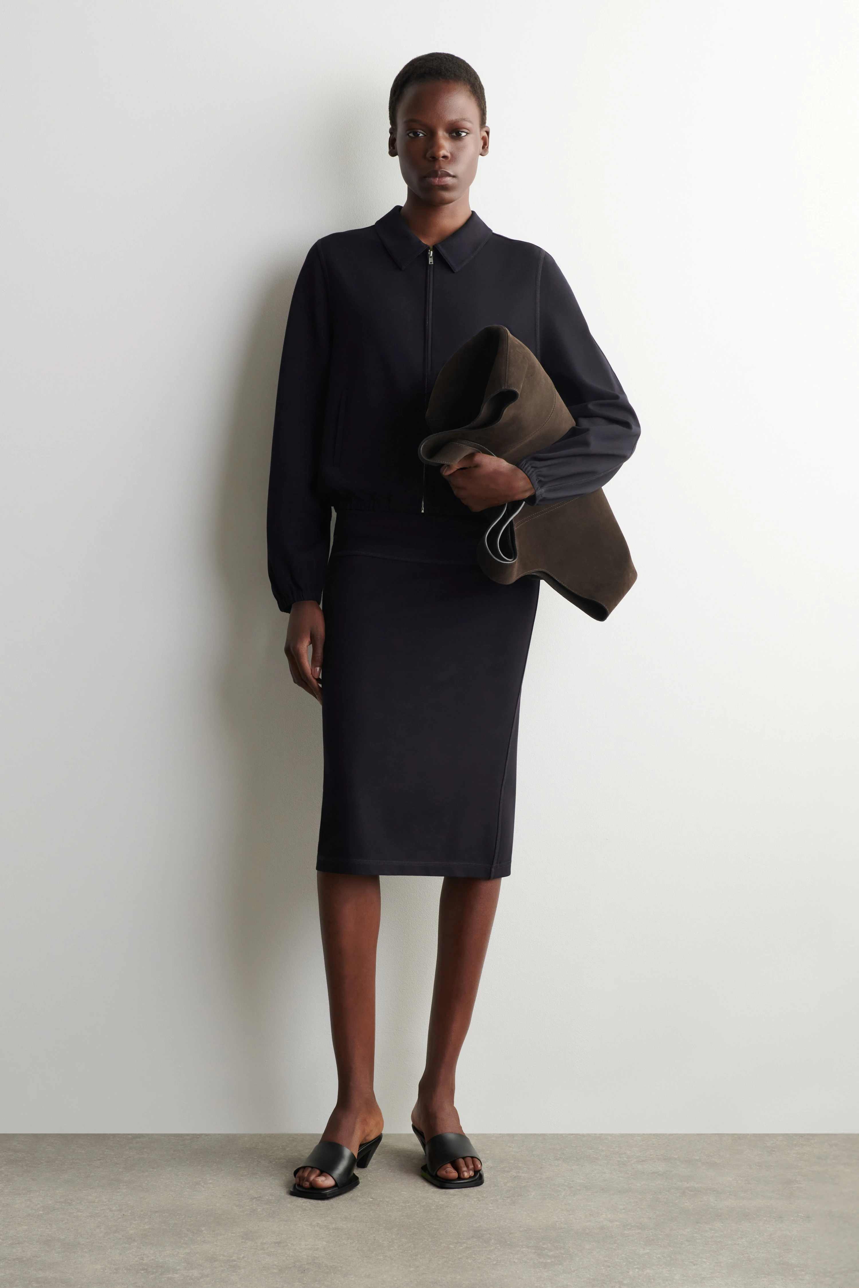 DRAWSTRING JERSEY STRAIGHT MIDI SKIRT - 1