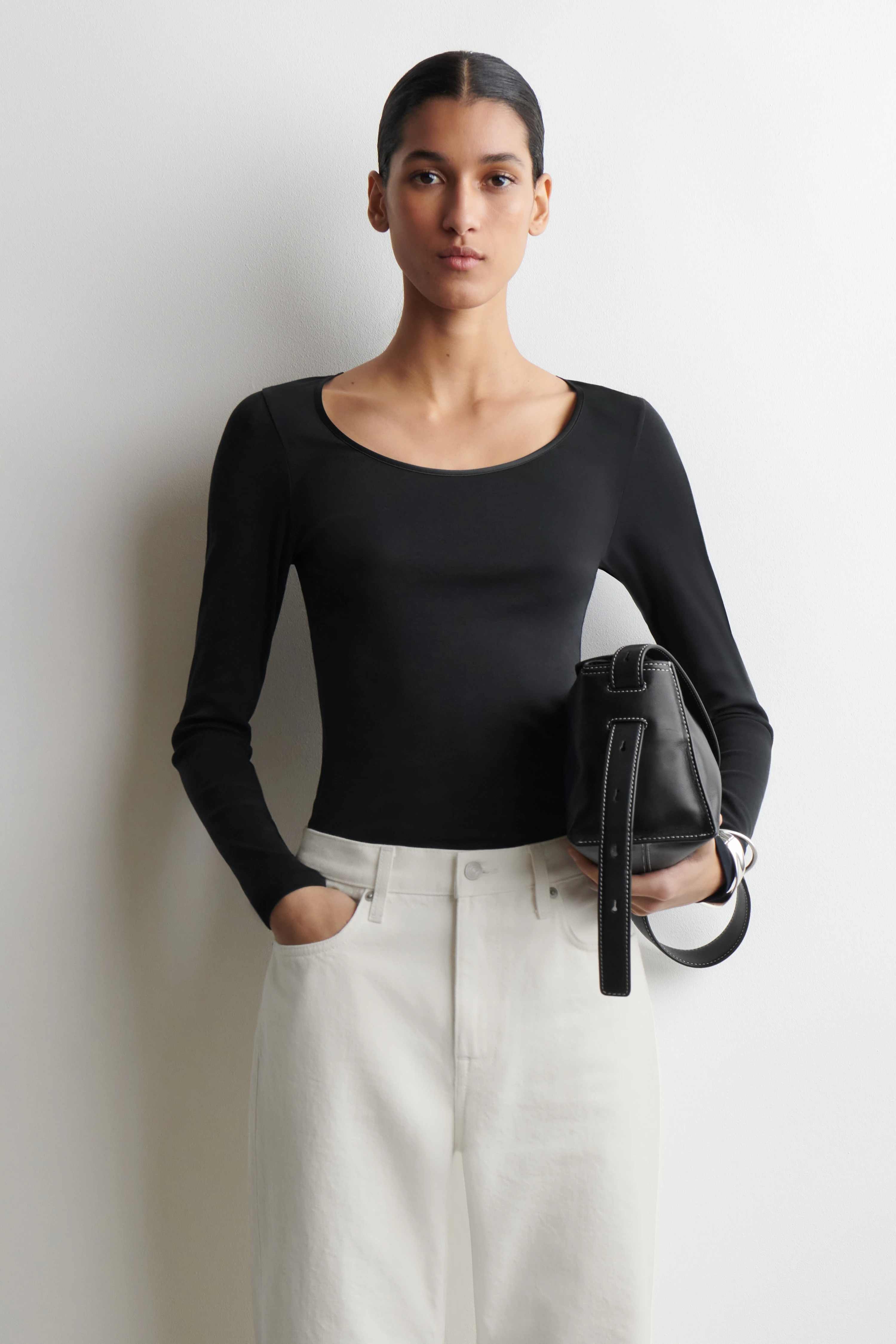SATIN-TRIMMED COTTON-JERSEY LONG-SLEEVED TOP - 1