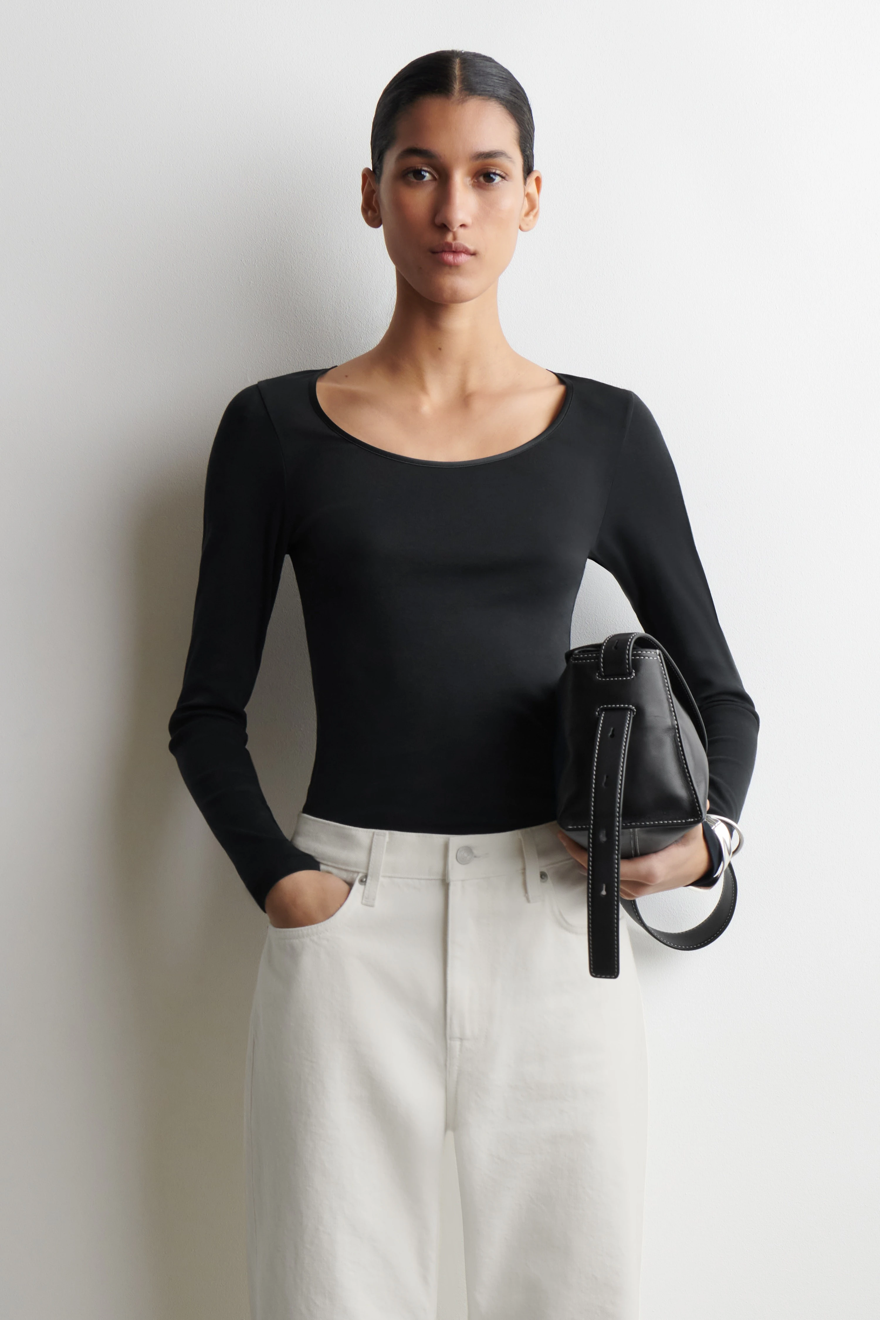 SATIN-TRIMMED COTTON-JERSEY LONG-SLEEVED TOP - 1