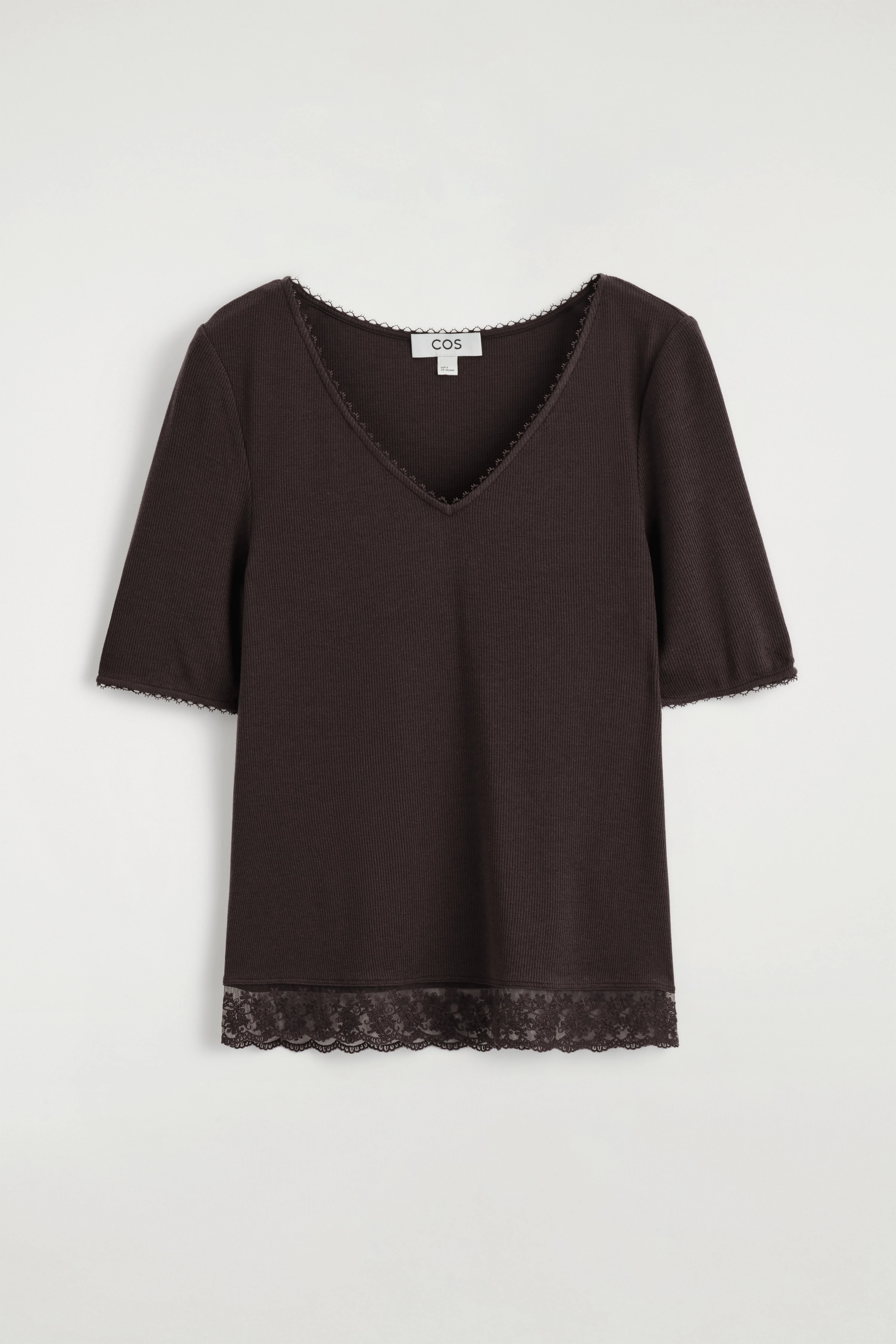 LACE-TRIMMED RIBBED V-NECK T-SHIRT - 5
