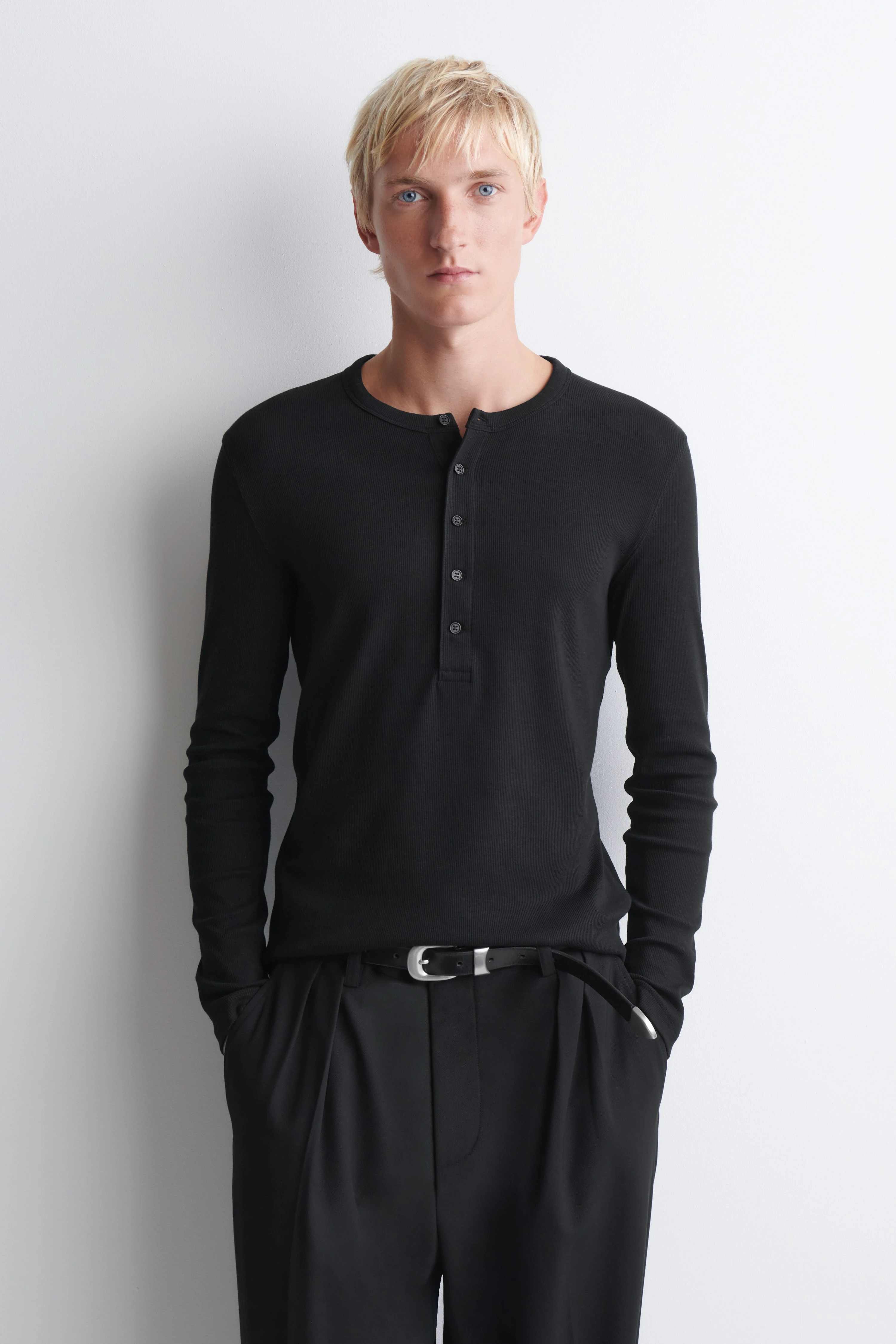 SLIM RIBBED COTTON LONG-SLEEVED HENLEY T-SHIRT - 1