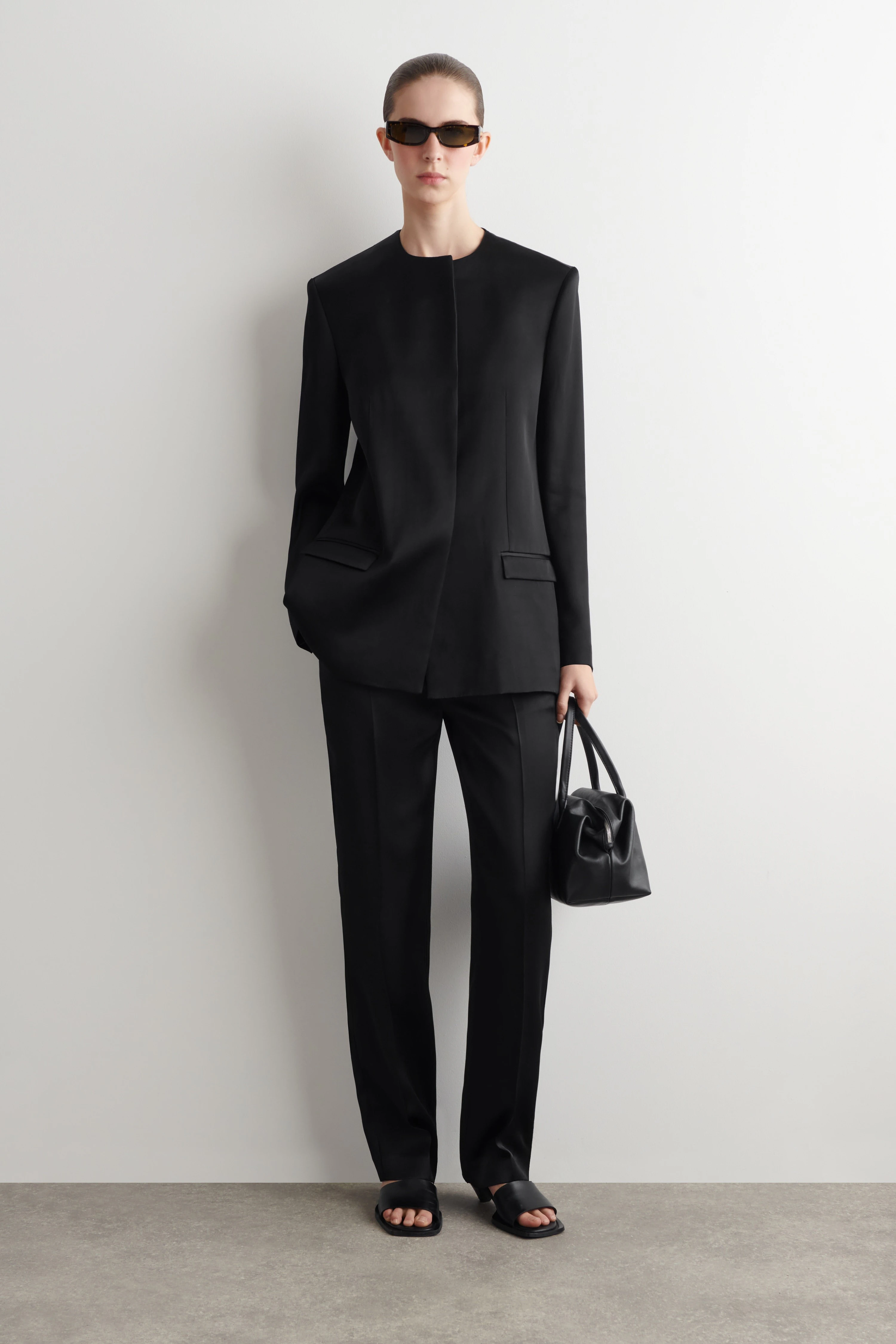 STRUCTURED COLLARLESS SATIN BLAZER - 1