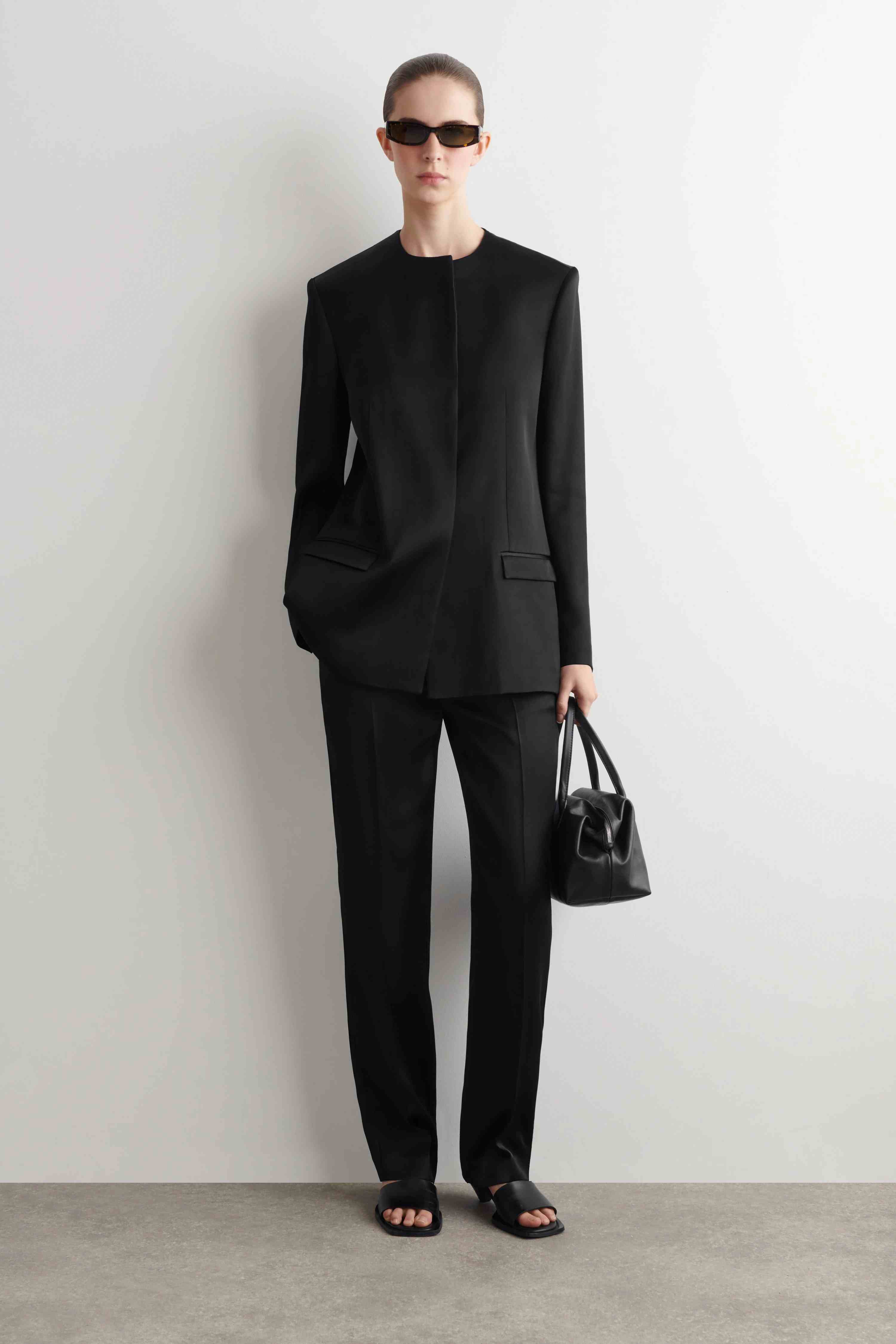 STRUCTURED COLLARLESS SATIN BLAZER - 1