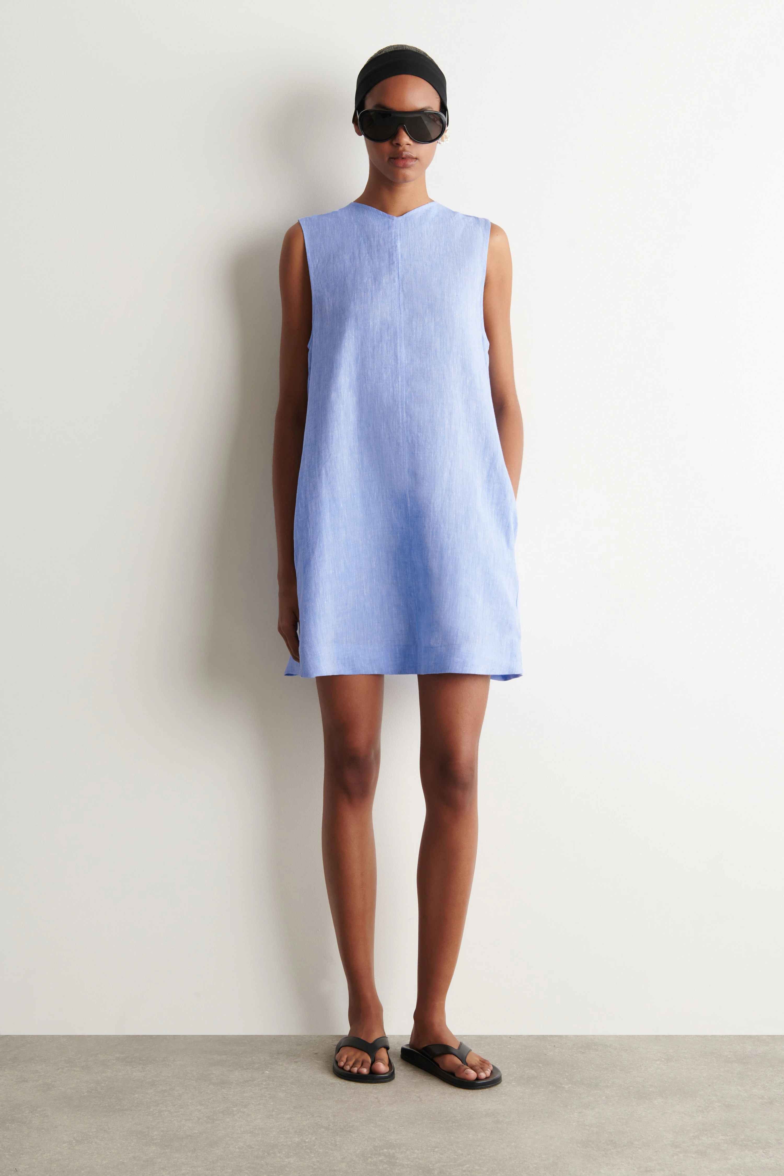 V-NECK OPEN-BACK LINEN MINI DRESS - 1