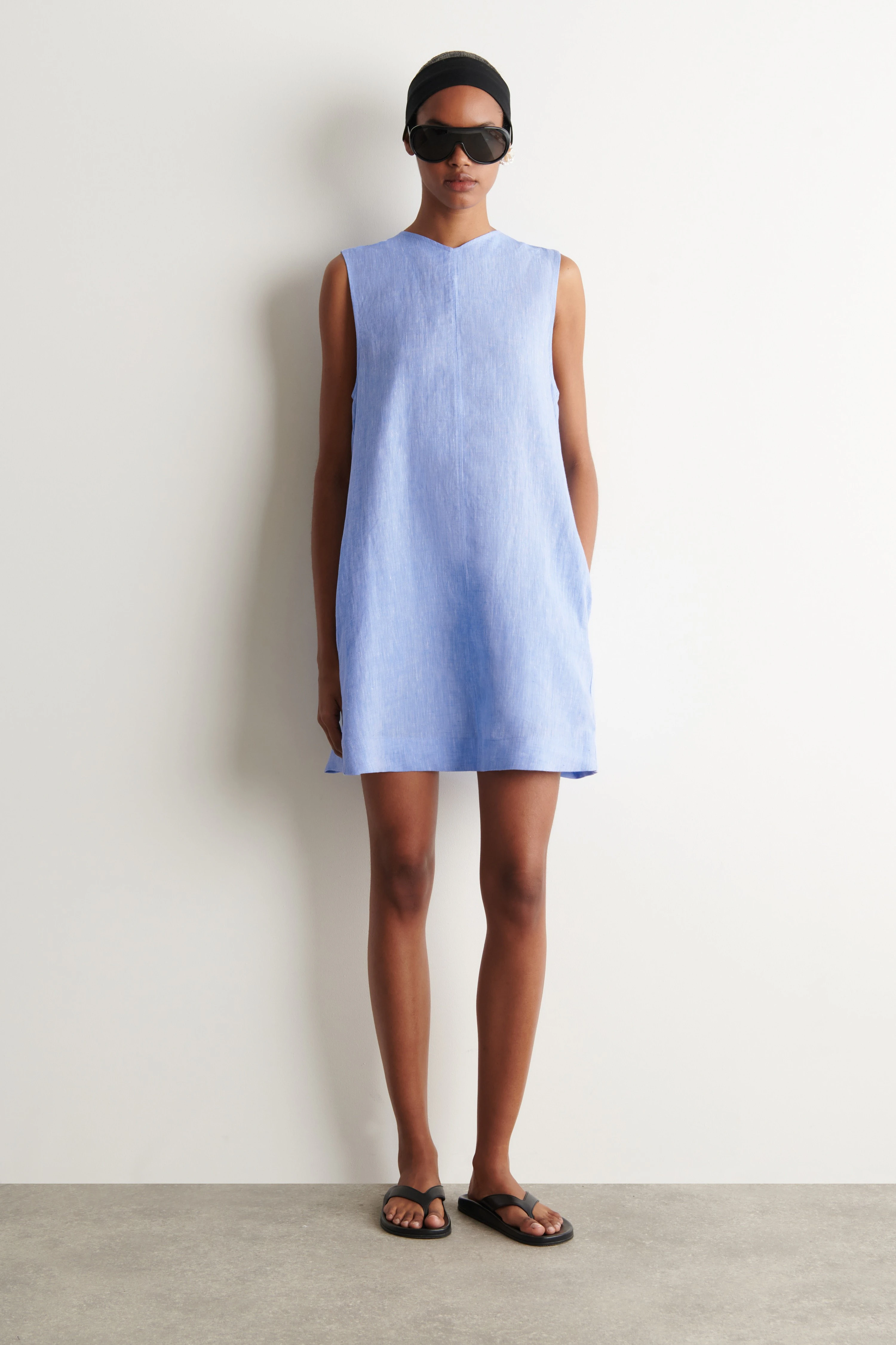 V-NECK OPEN-BACK LINEN MINI DRESS