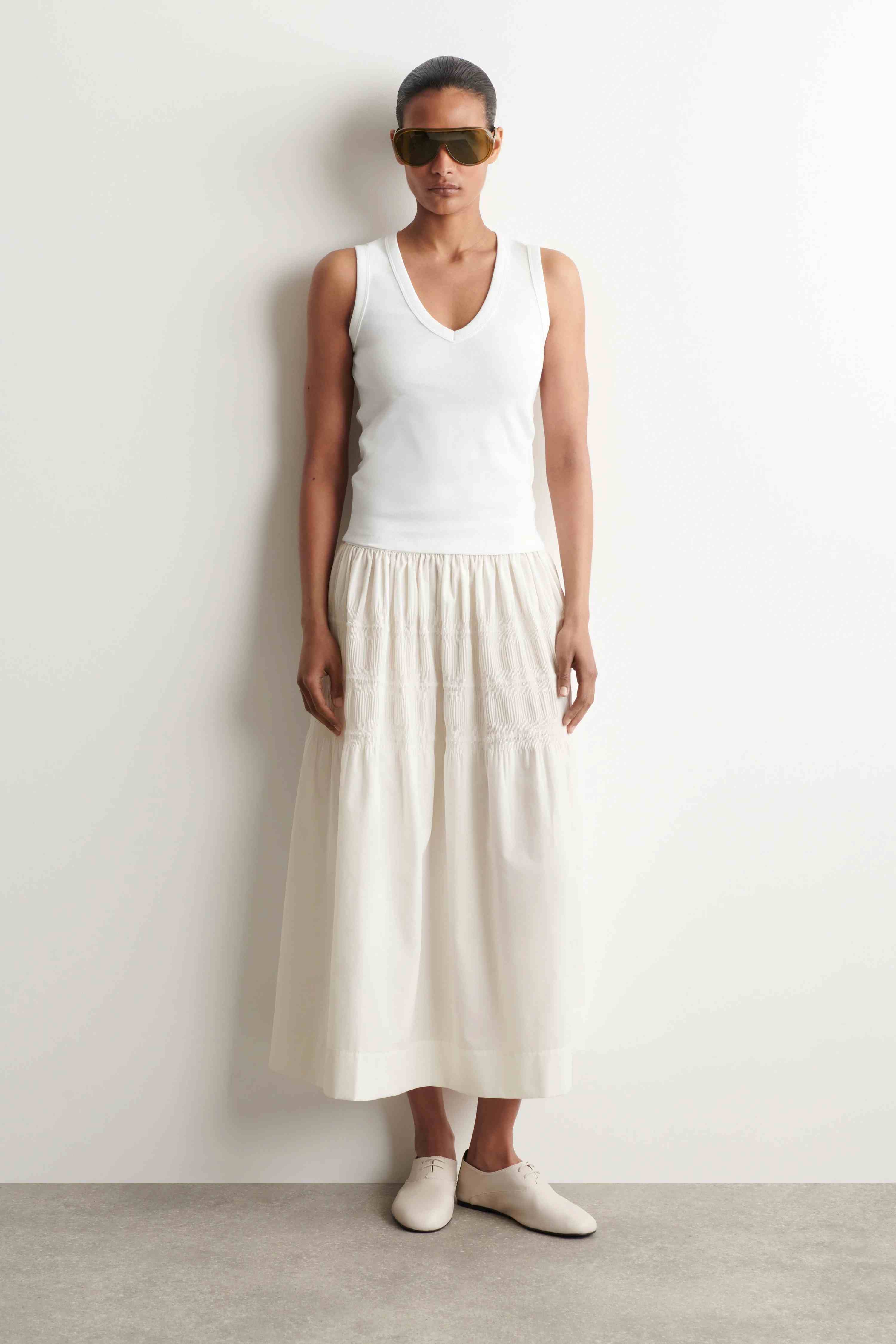 TIERED GATHERED MIDI SKIRT