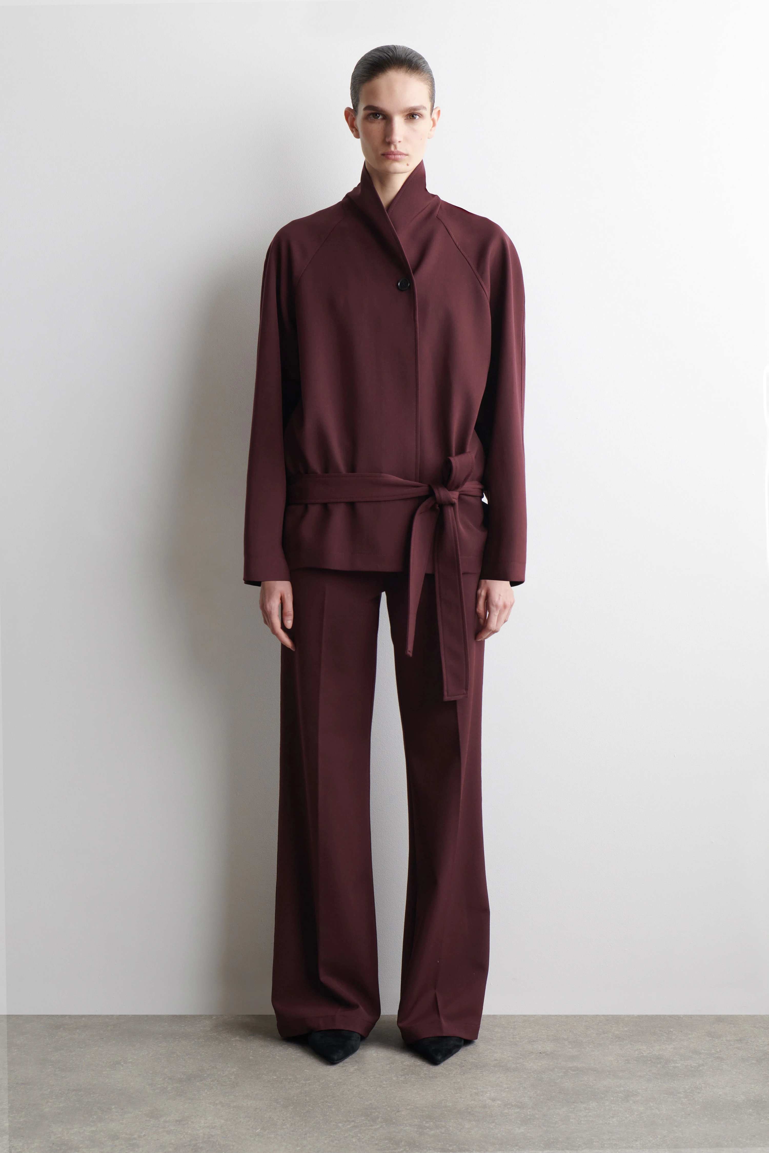 BELTED WOOL-BLEND SHAWL-COLLAR JACKET - 1