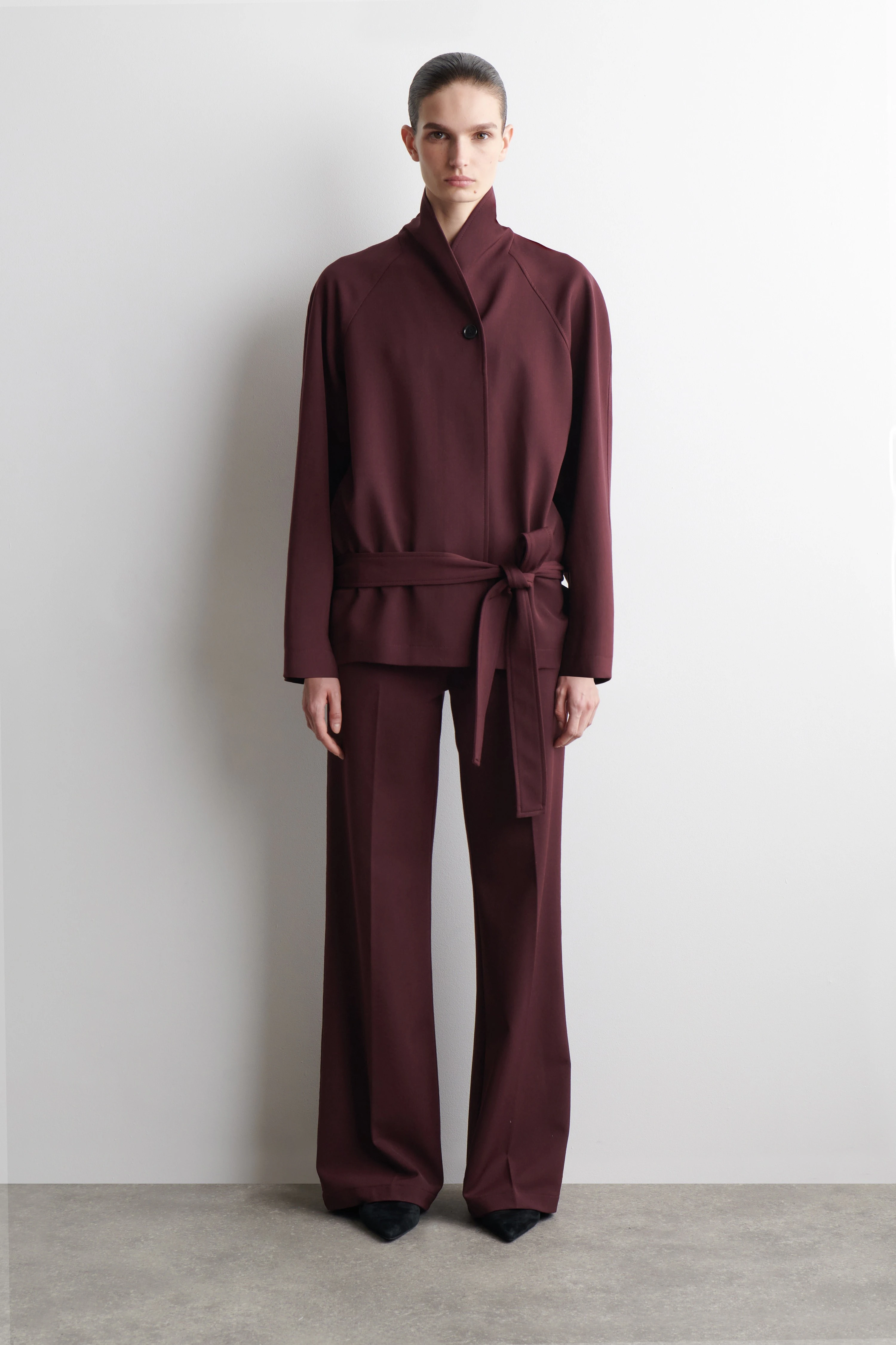 BELTED WOOL-BLEND SHAWL-COLLAR JACKET - 1