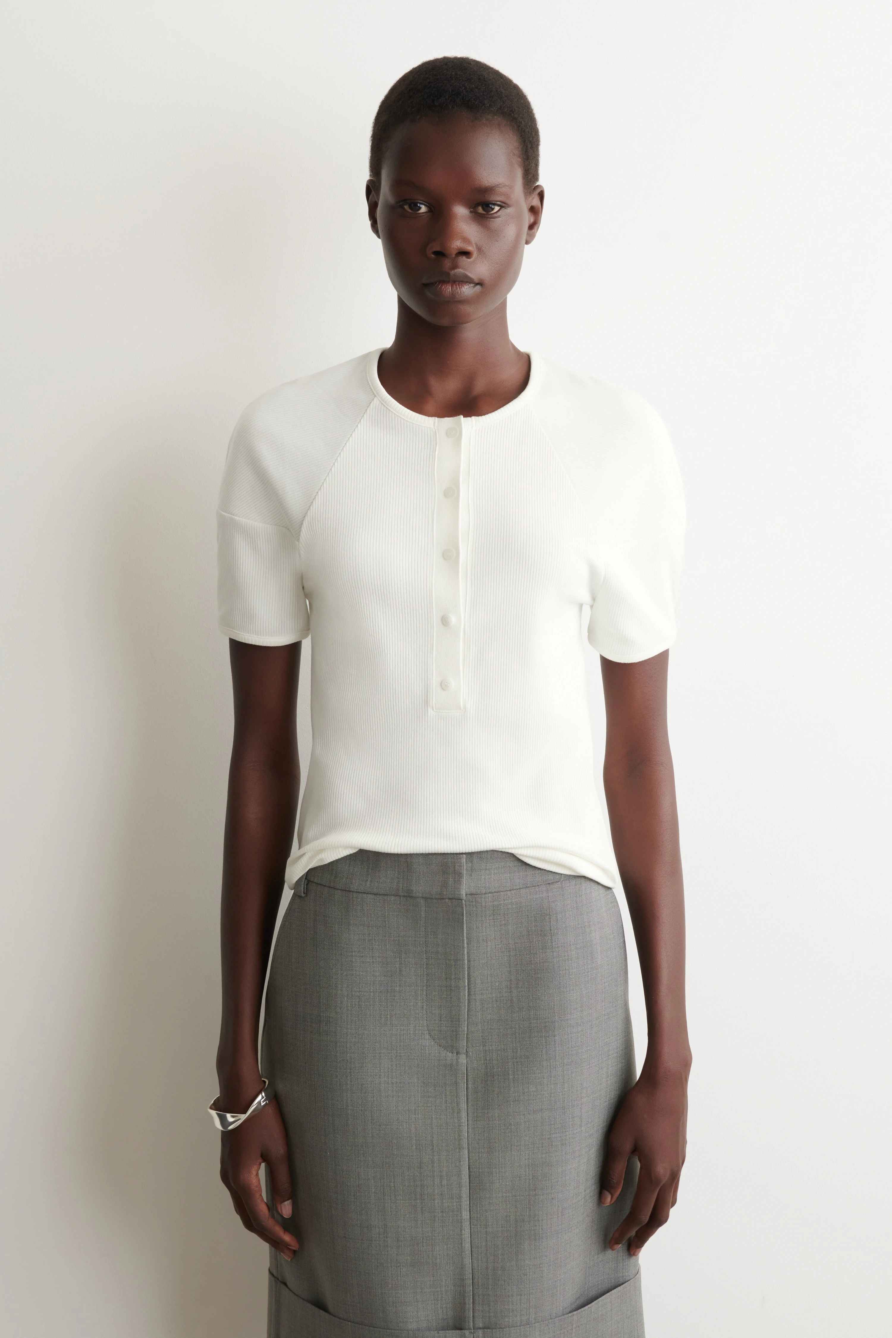 ROUNDED RIBBED JERSEY HENLEY TOP - 1