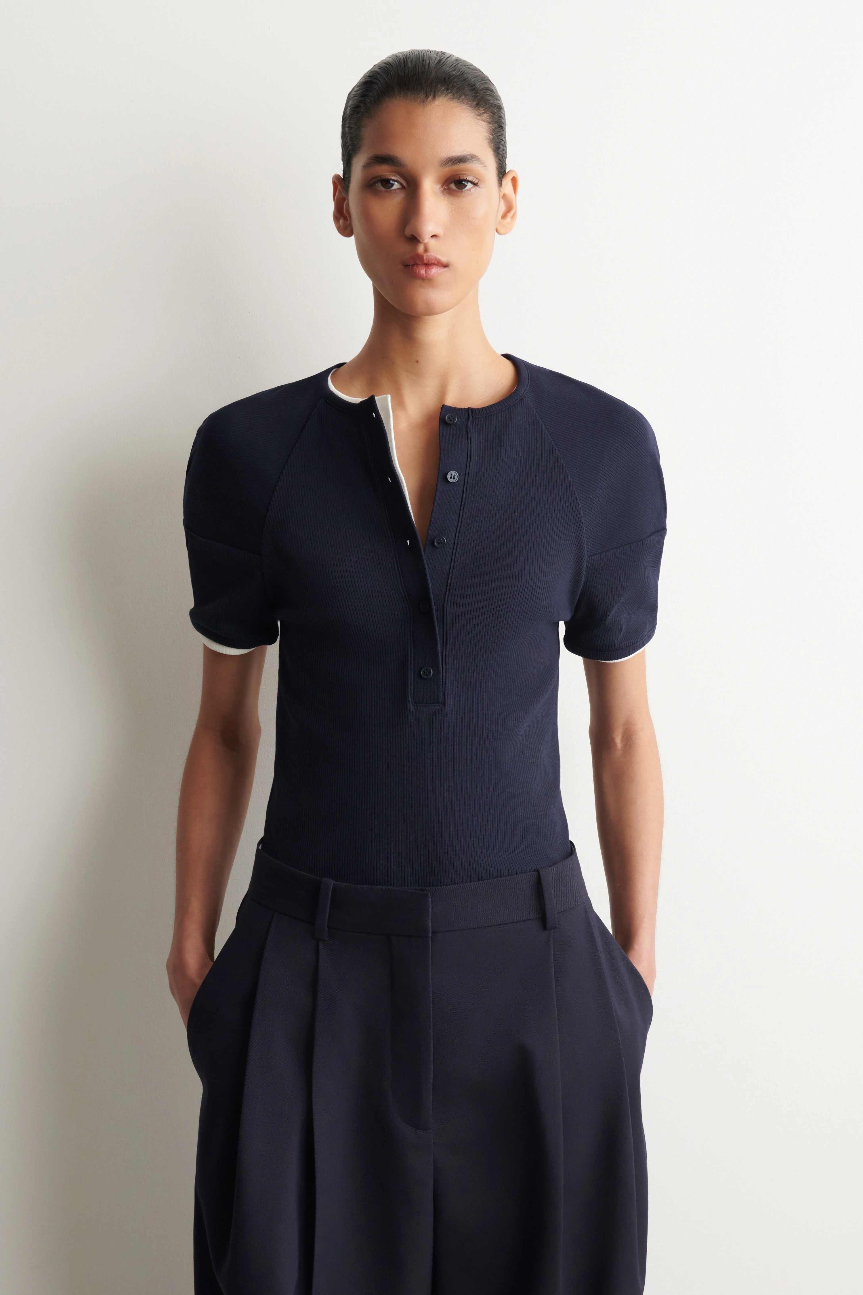 ROUNDED RIBBED JERSEY HENLEY TOP - 1