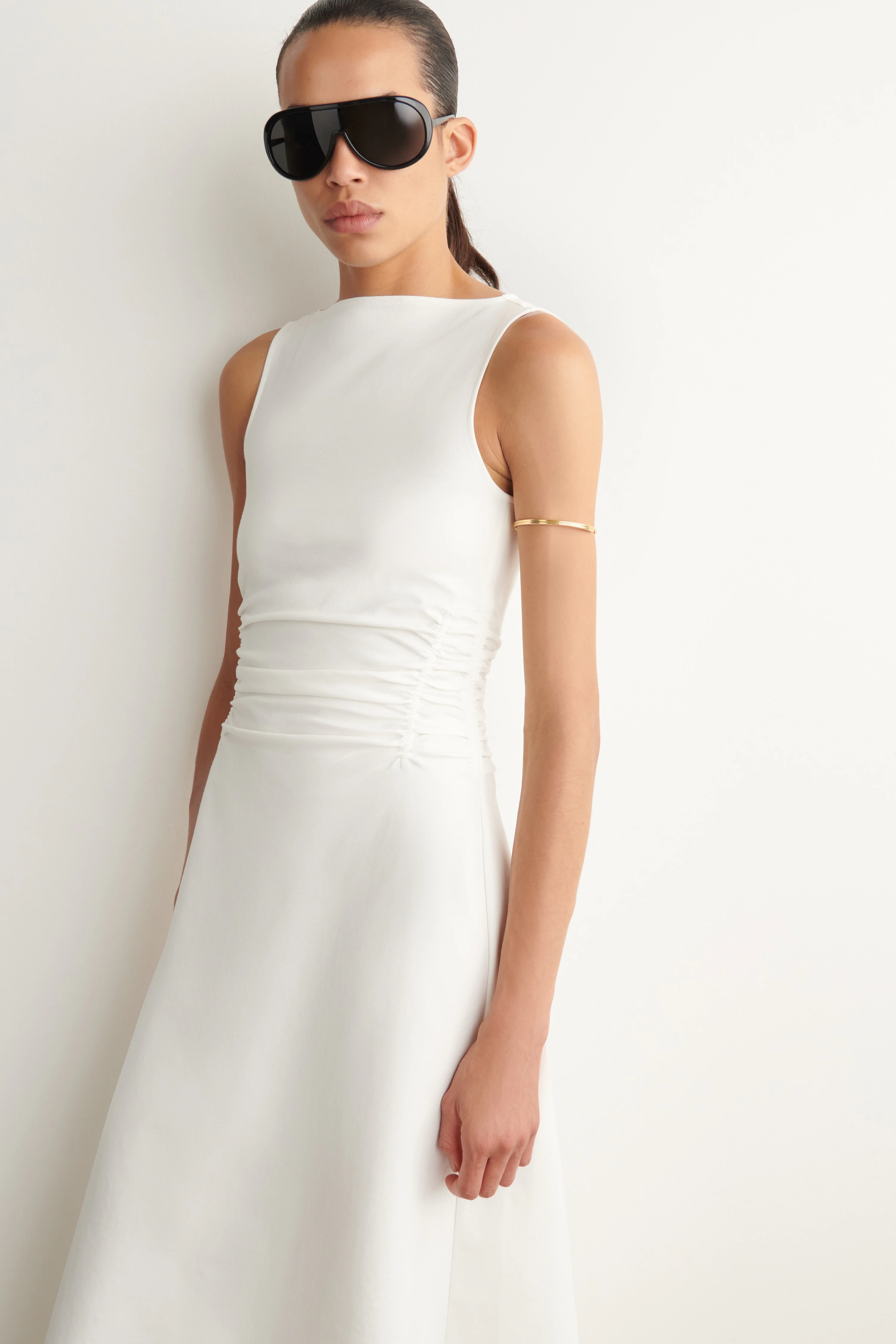 RUCHED-WAIST COTTON-JERSEY MIDI DRESS