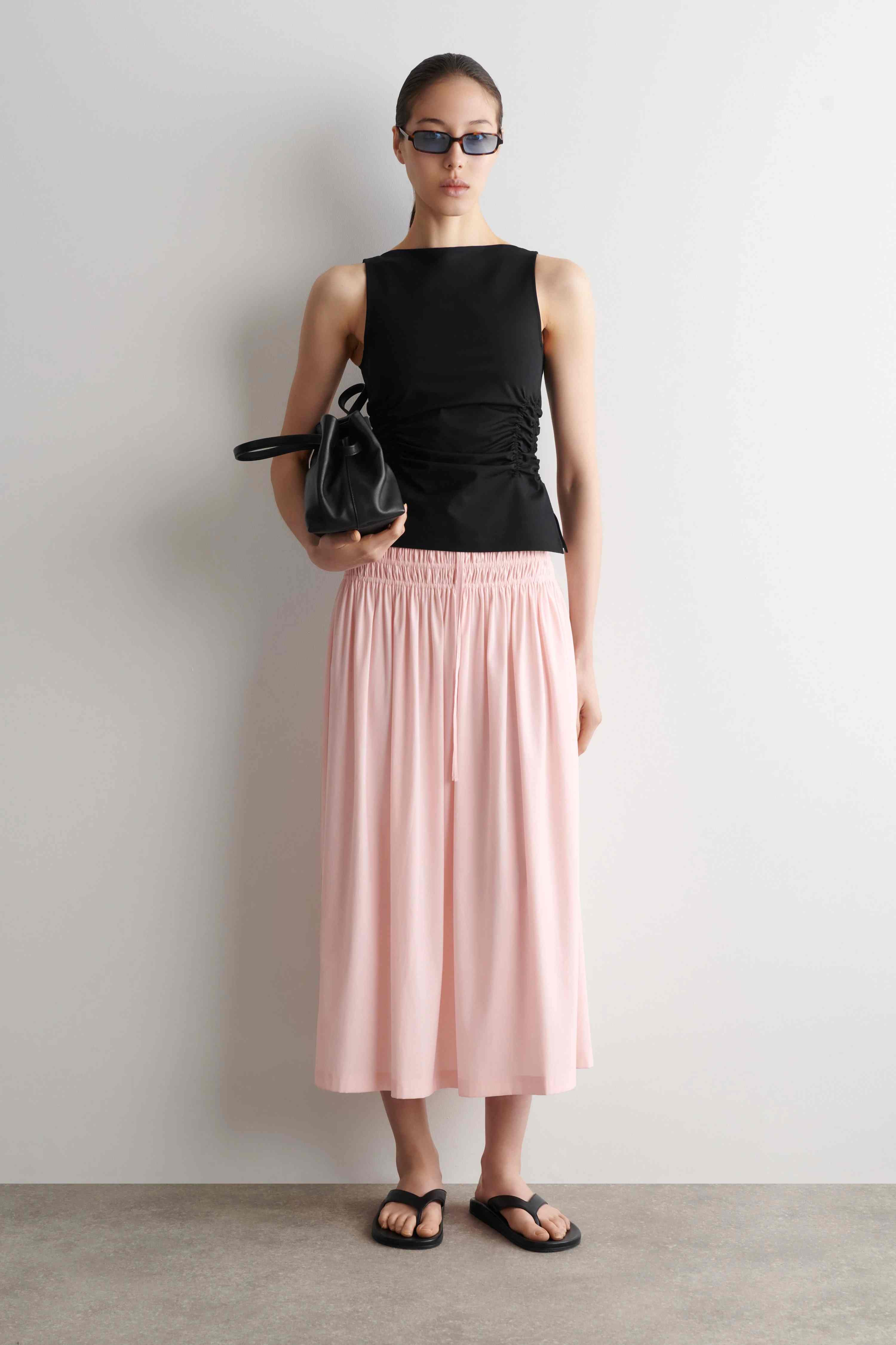 RUCHED-WAIST MIDI SKIRT