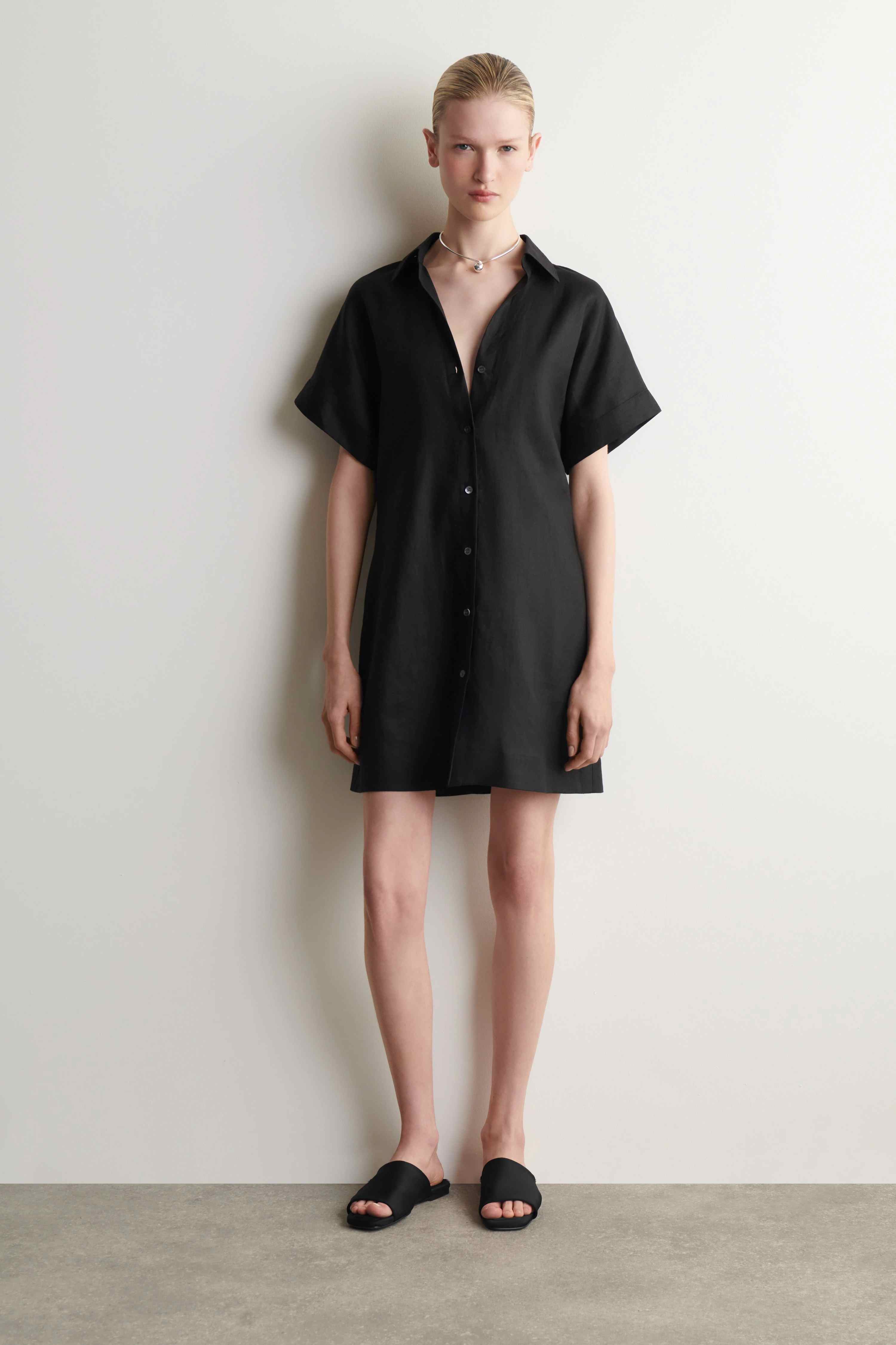 OPEN-COLLAR LINEN MINI SHIRT DRESS
