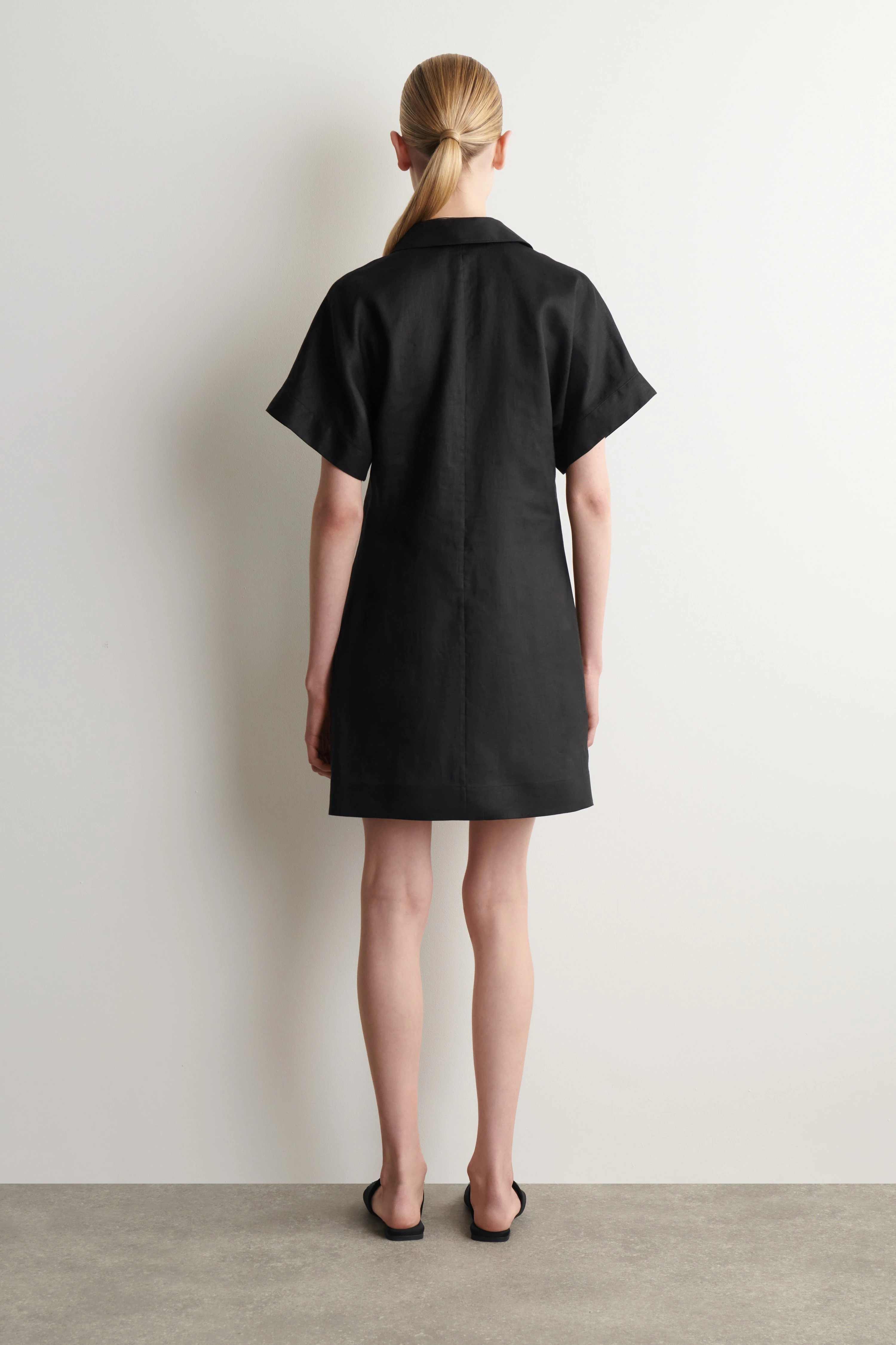 OPEN-COLLAR LINEN MINI SHIRT DRESS