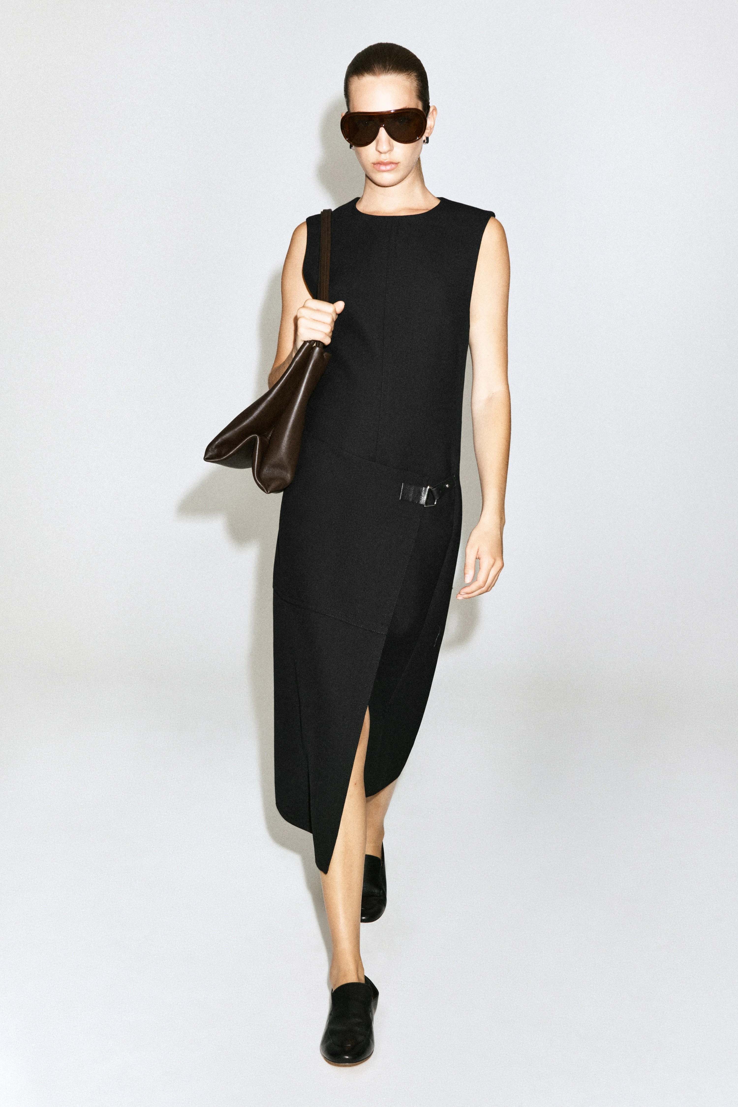 BELT-DETAIL DOUBLE-FACED WOOL MIDI DRESS
