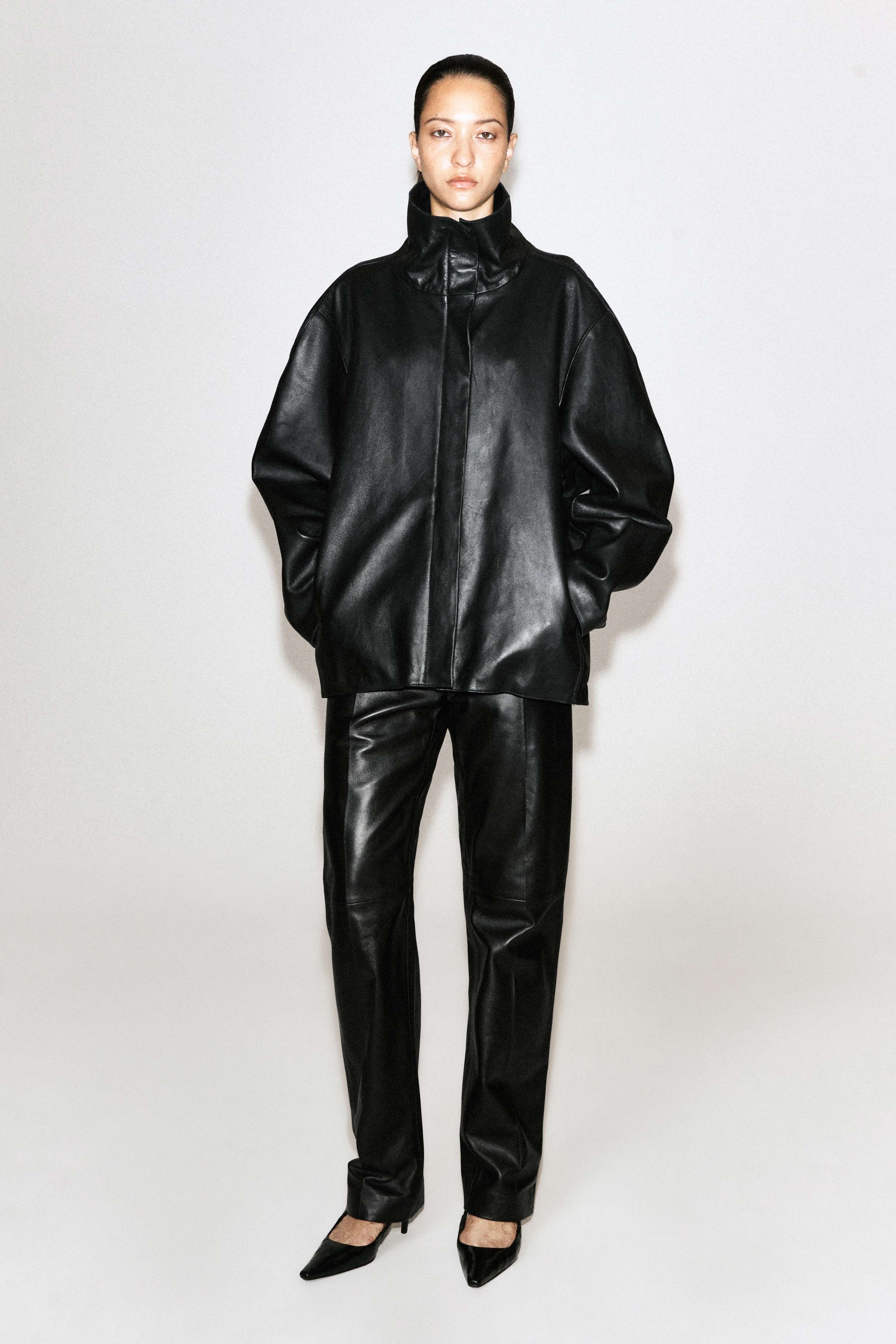 LEATHER FUNNEL-NECK JACKET