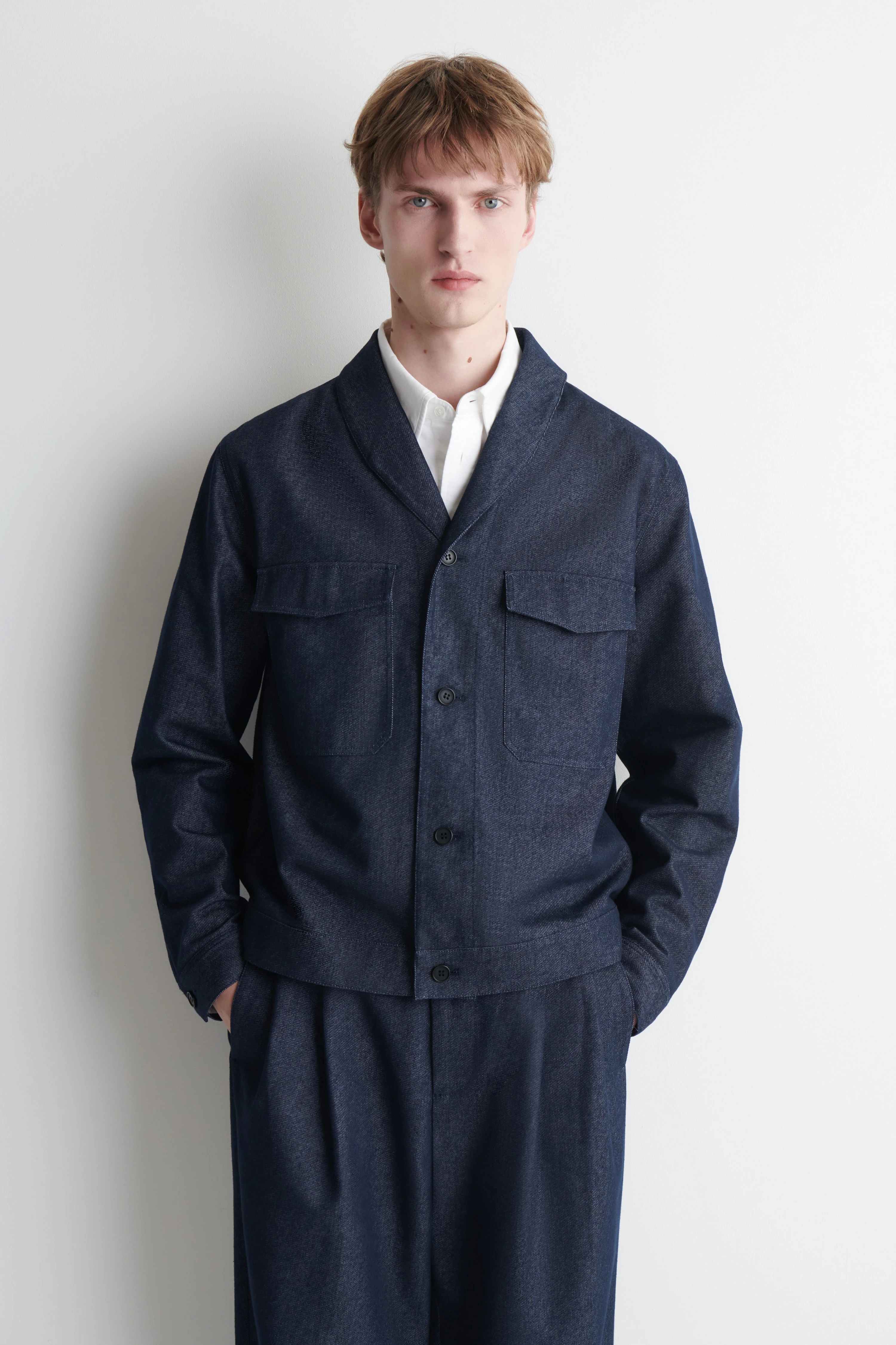 SHAWL-COLLAR DENIM-EFFECT OVERSHIRT - 1