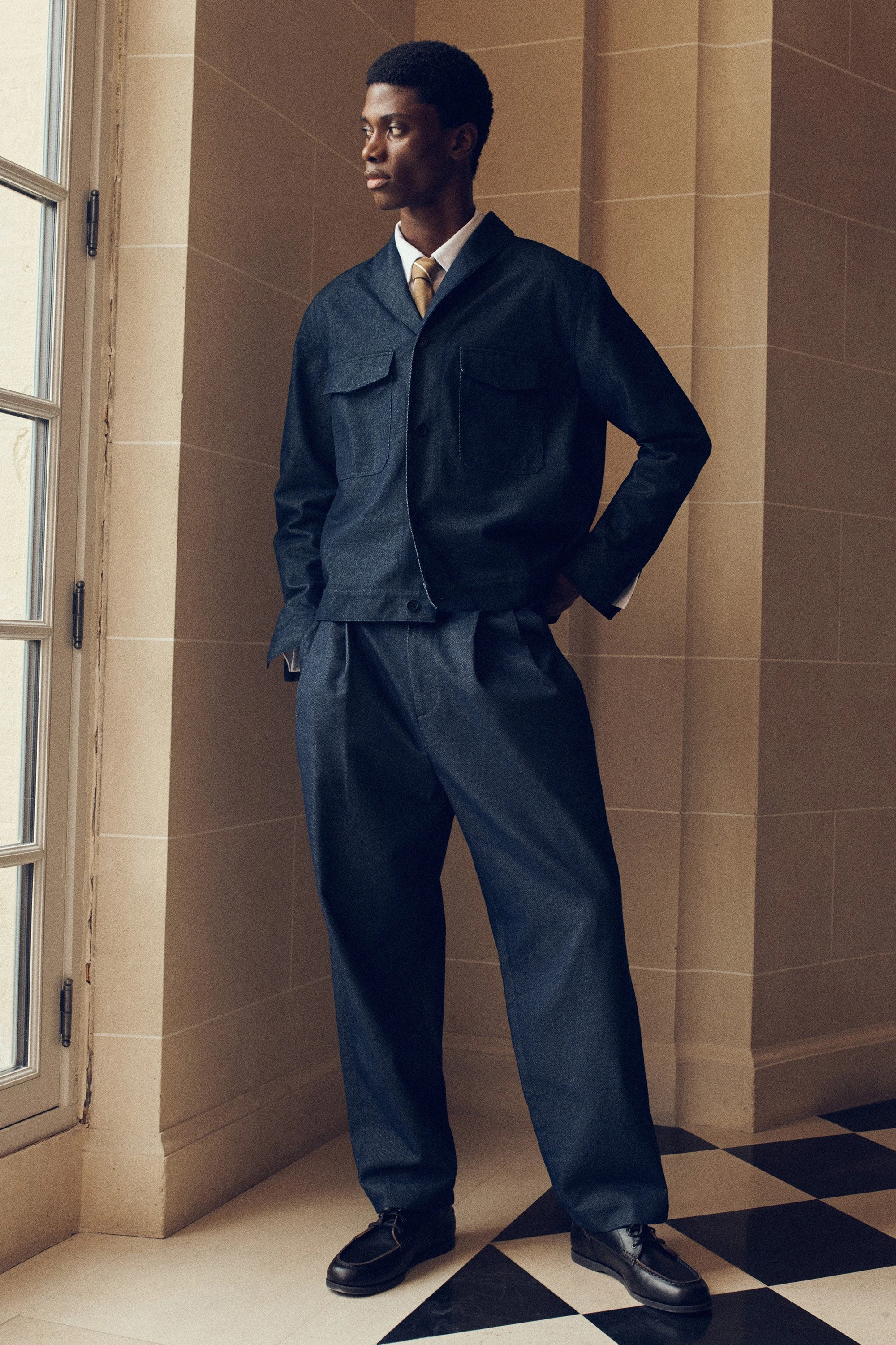 DENIM-EFFECT RELAXED-FIT TAPERED TROUSERS - 8