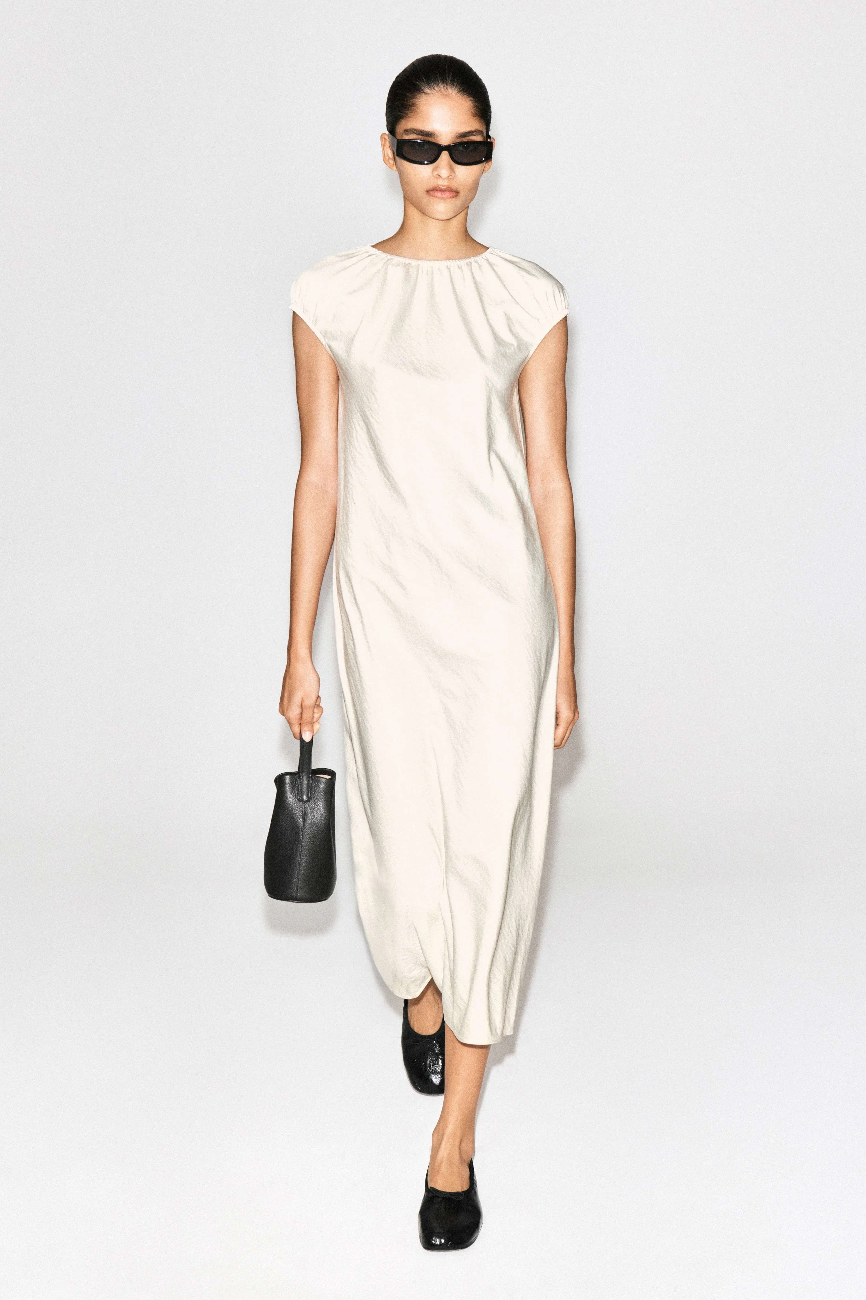 GATHERED SATIN MIDI DRESS - 1