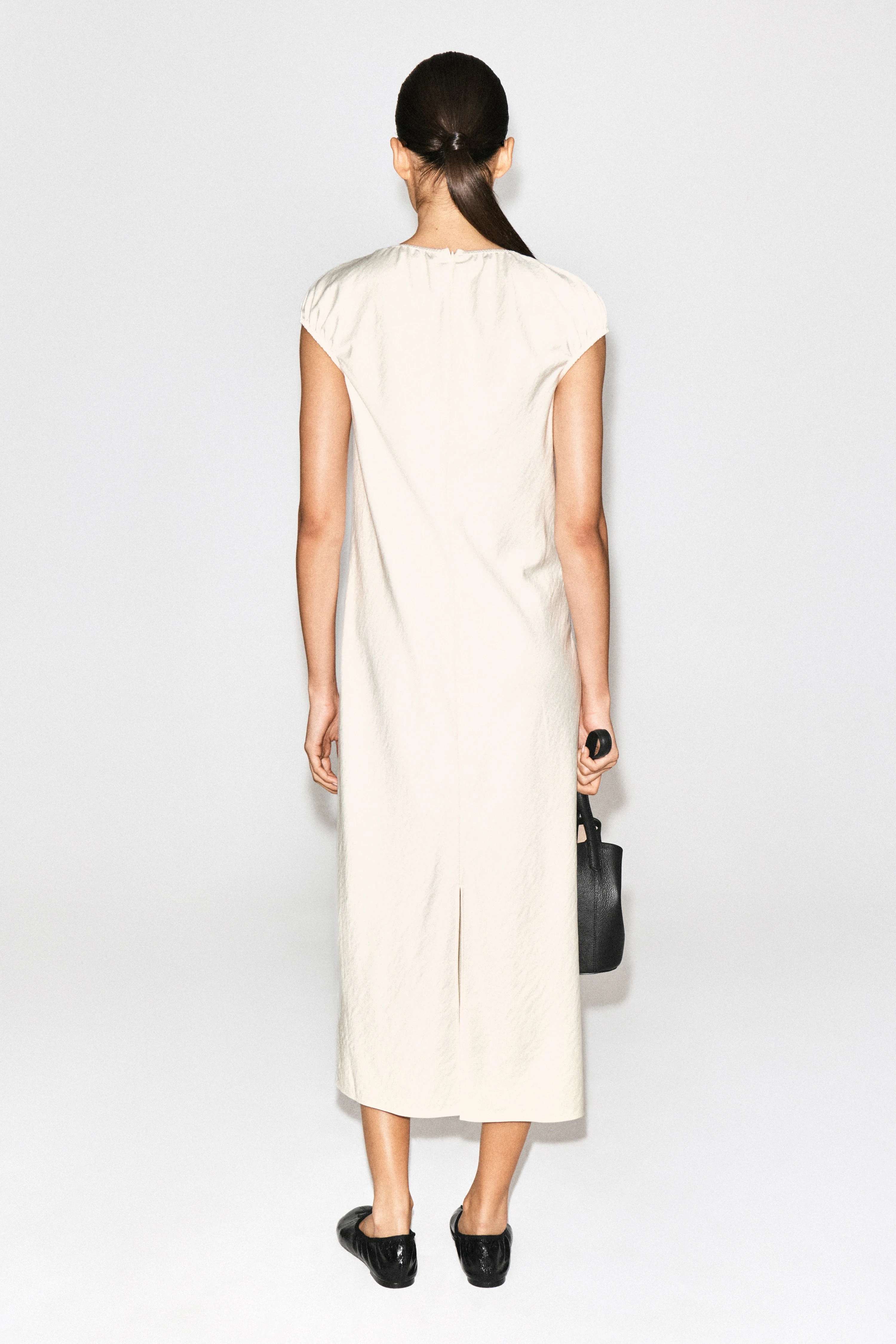 GATHERED SATIN MIDI DRESS