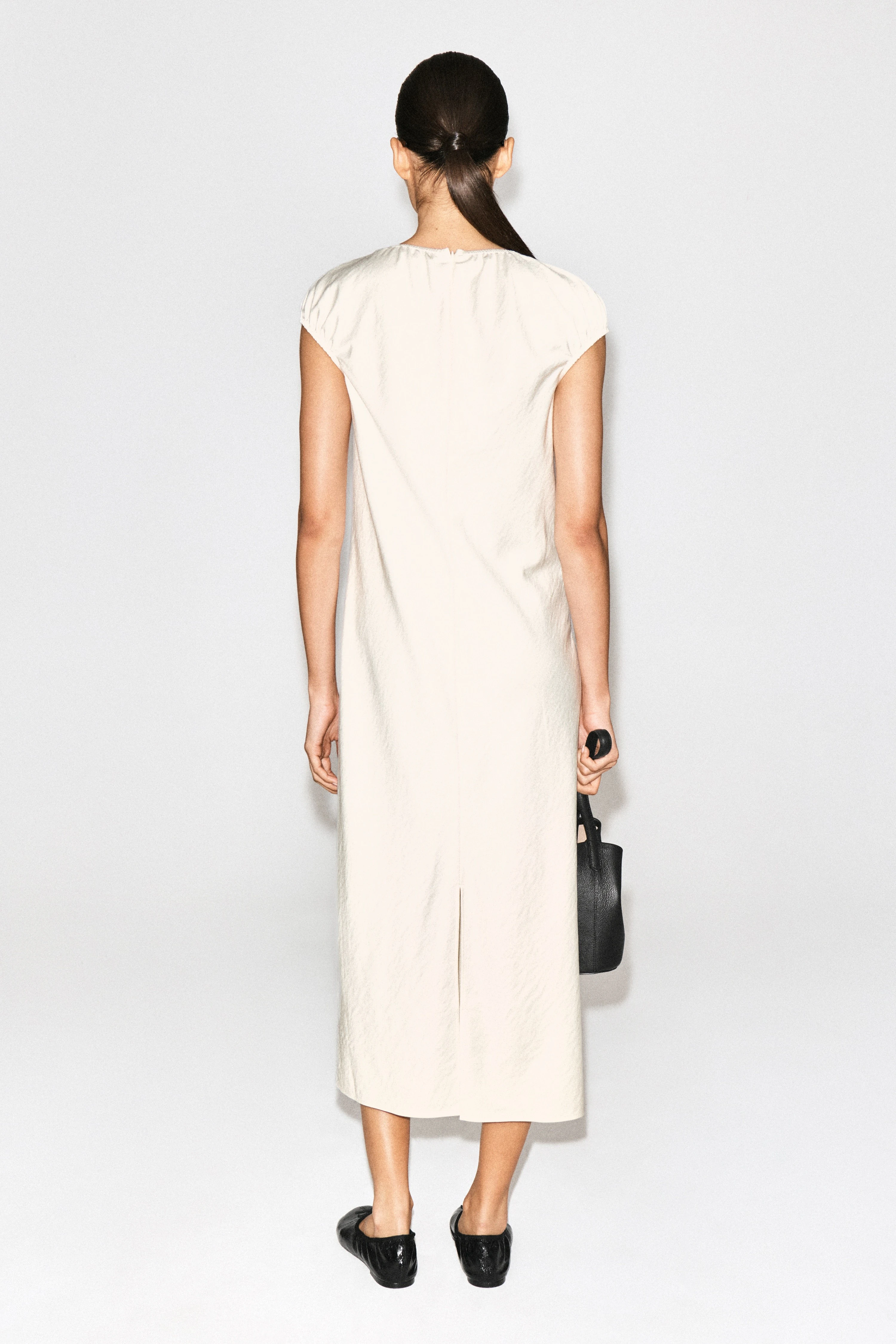 GATHERED SATIN MIDI DRESS