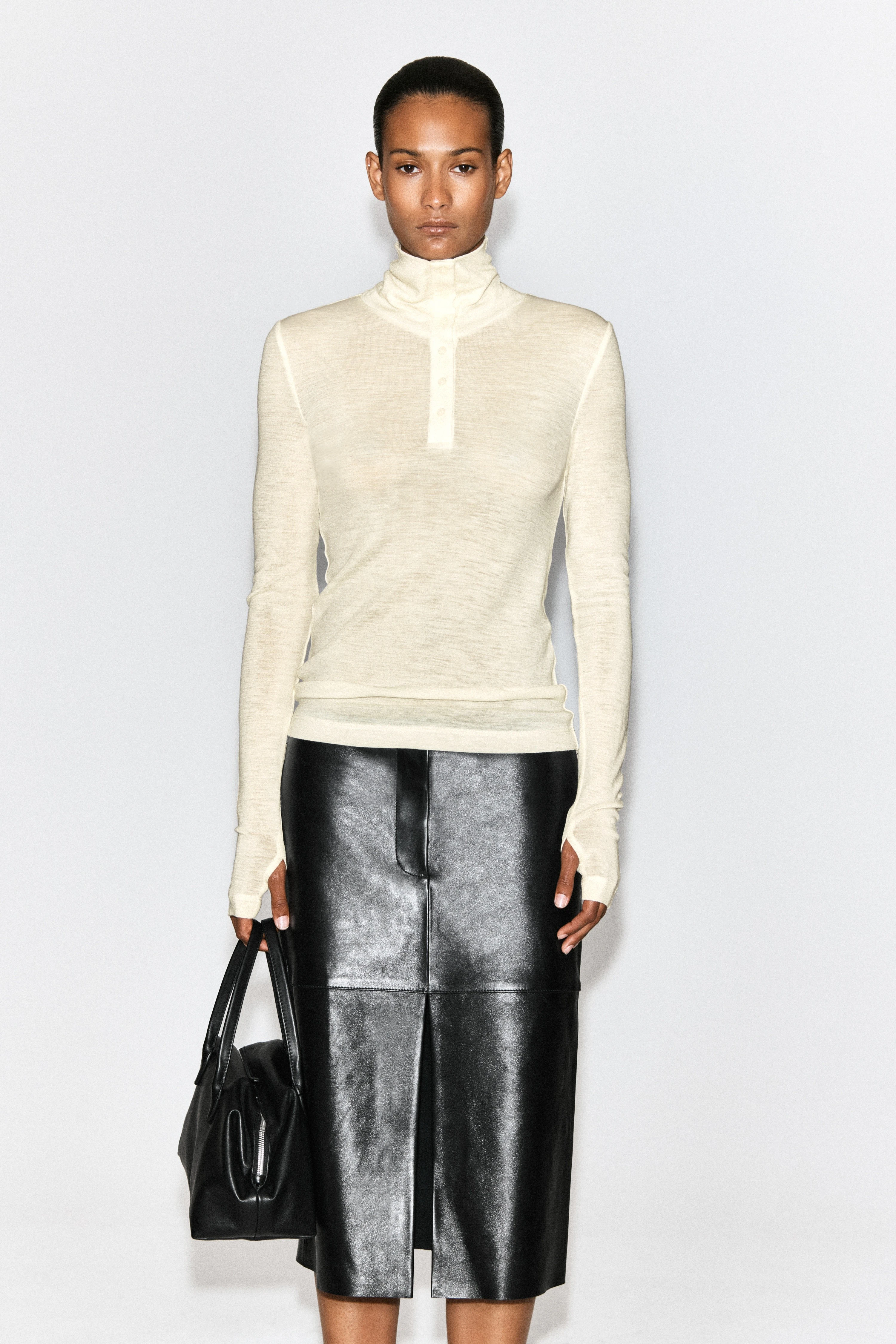 MERINO WOOL BUTTONED FUNNEL-NECK TOP - 1