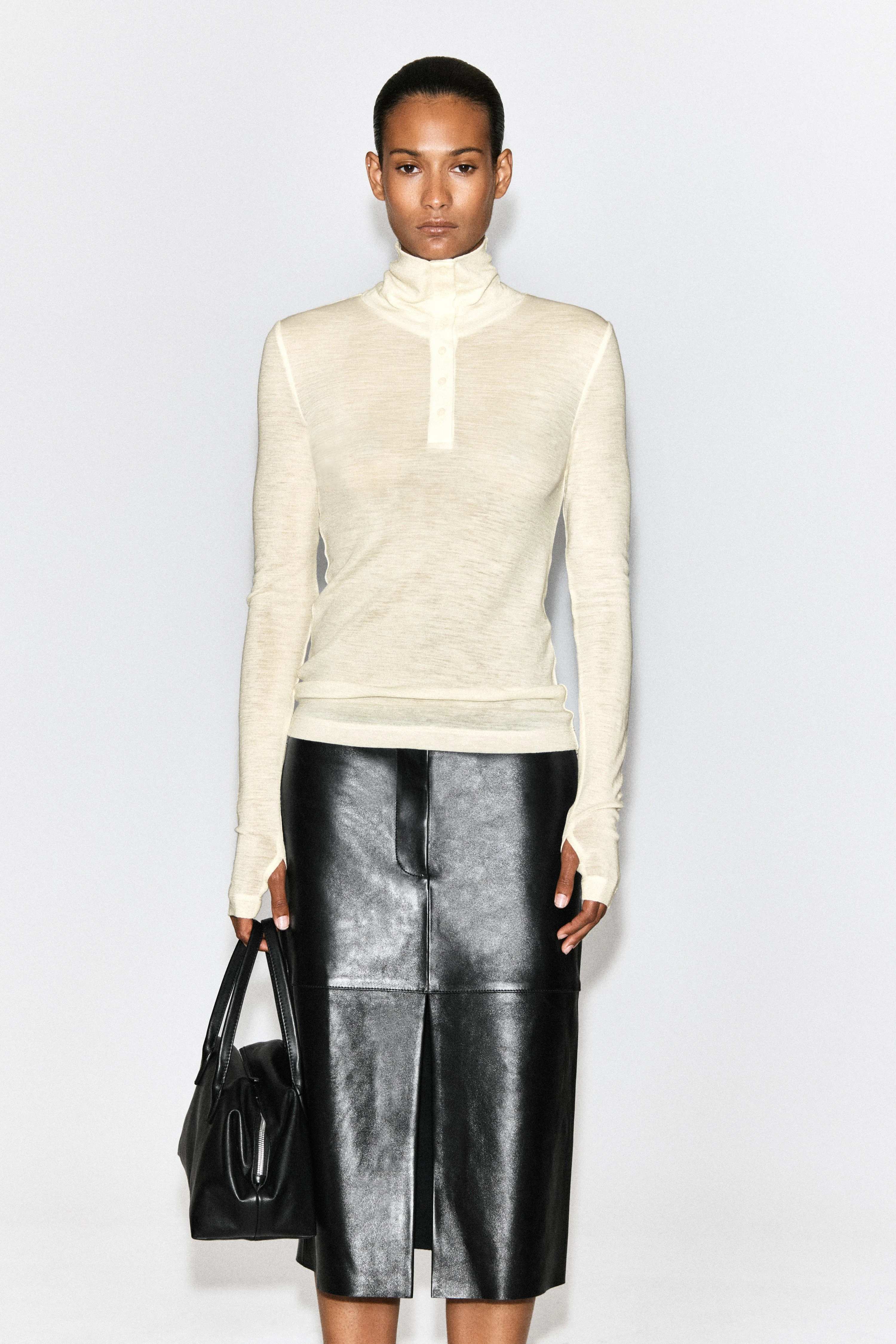 MERINO WOOL BUTTONED FUNNEL-NECK TOP - 1