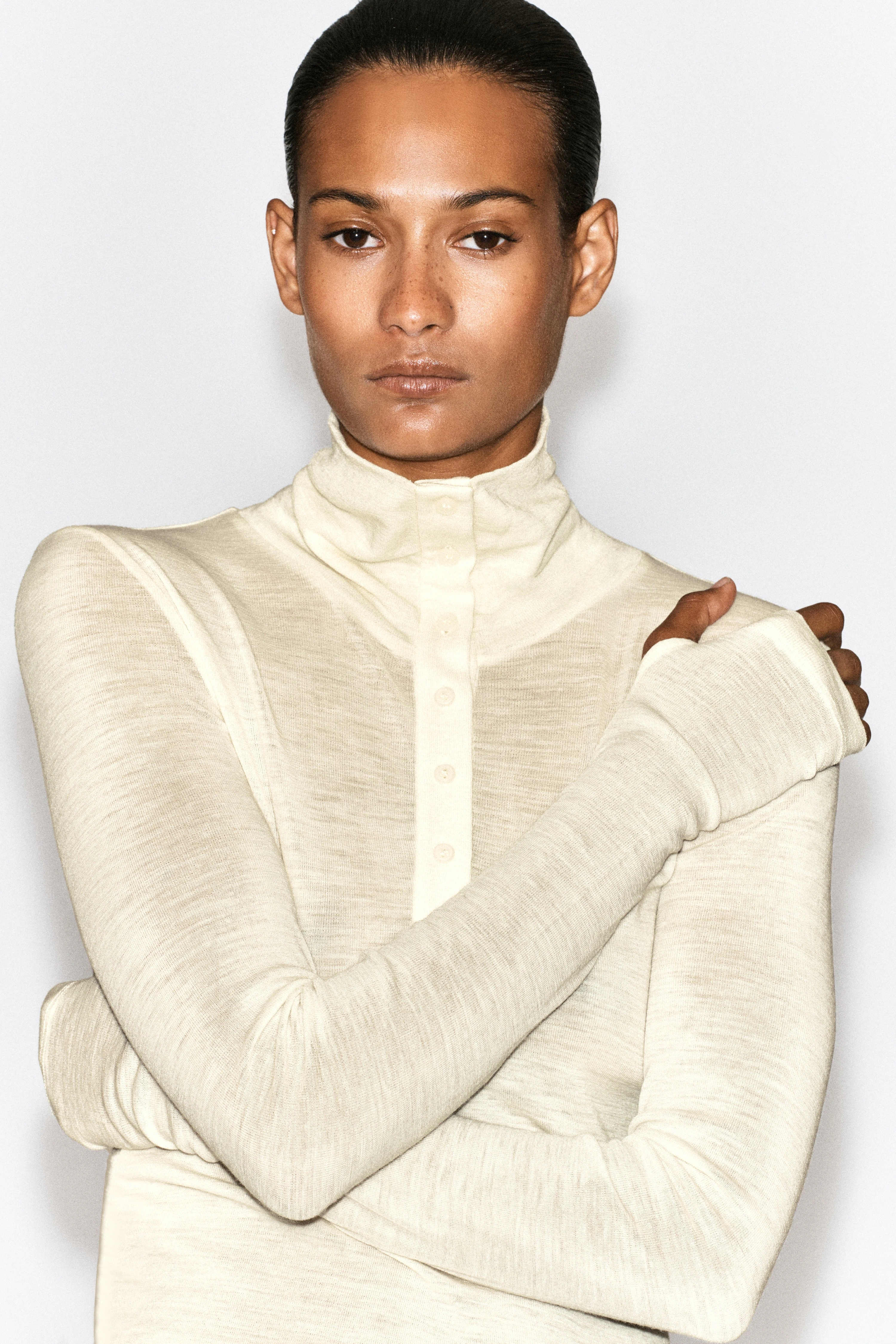 MERINO WOOL BUTTONED FUNNEL-NECK TOP - 5