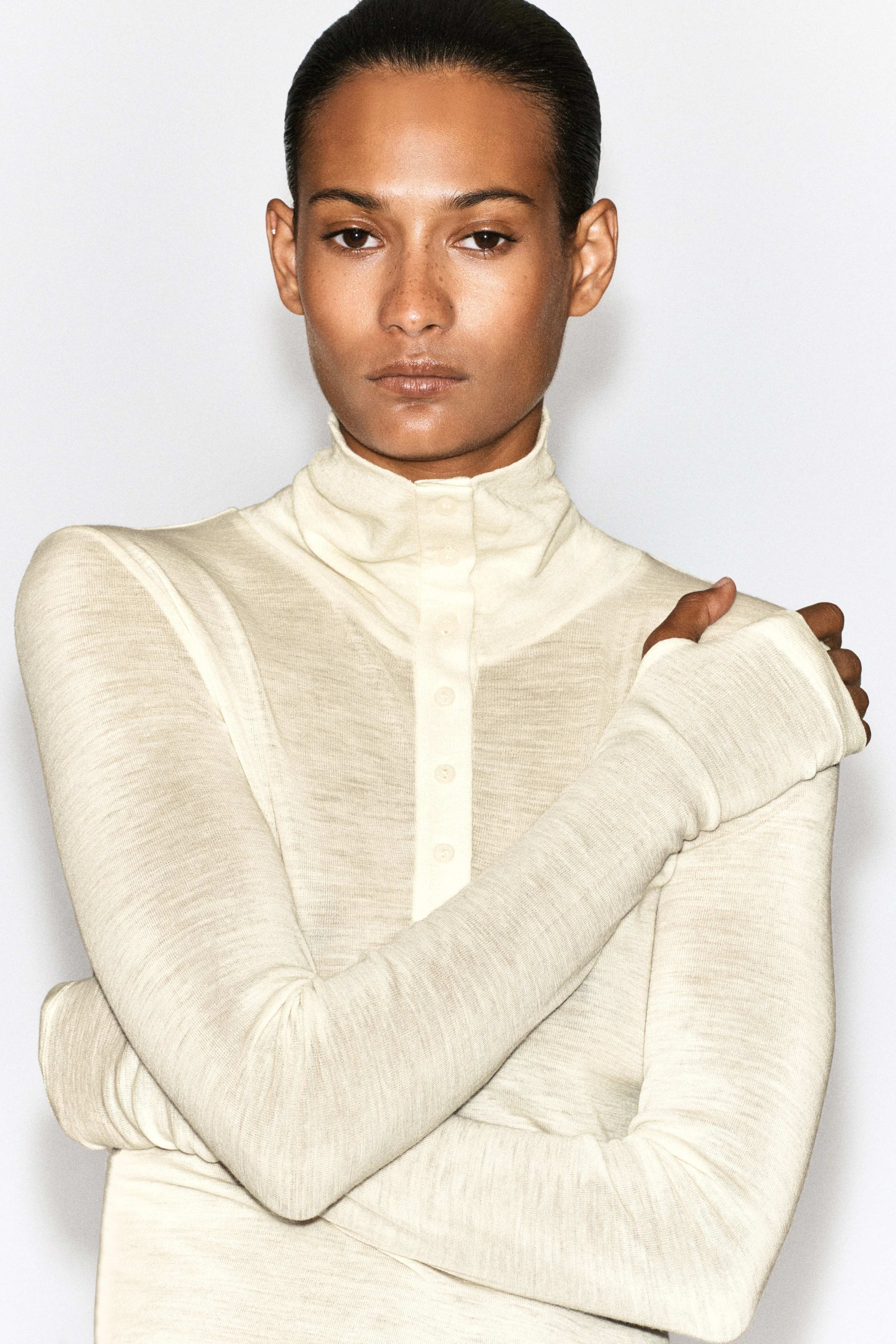 MERINO WOOL BUTTONED FUNNEL-NECK TOP - 5
