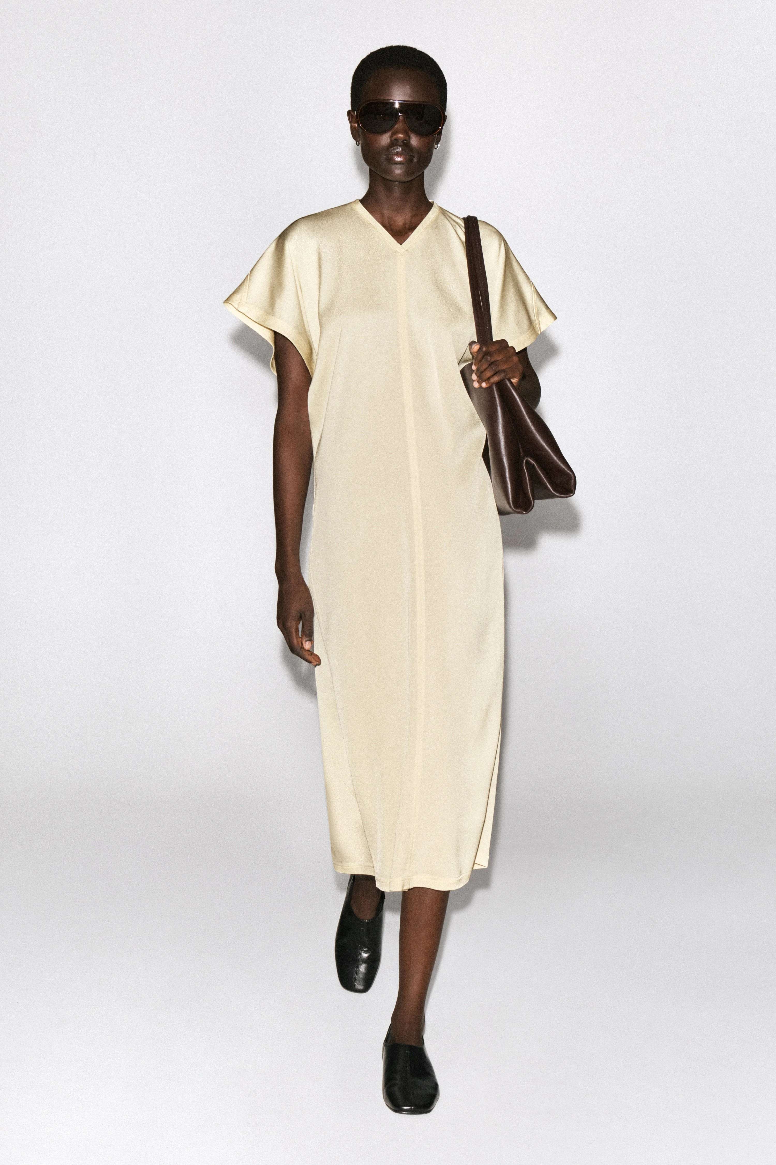 DRAPED V-NECK CREPE MIDI DRESS - 1