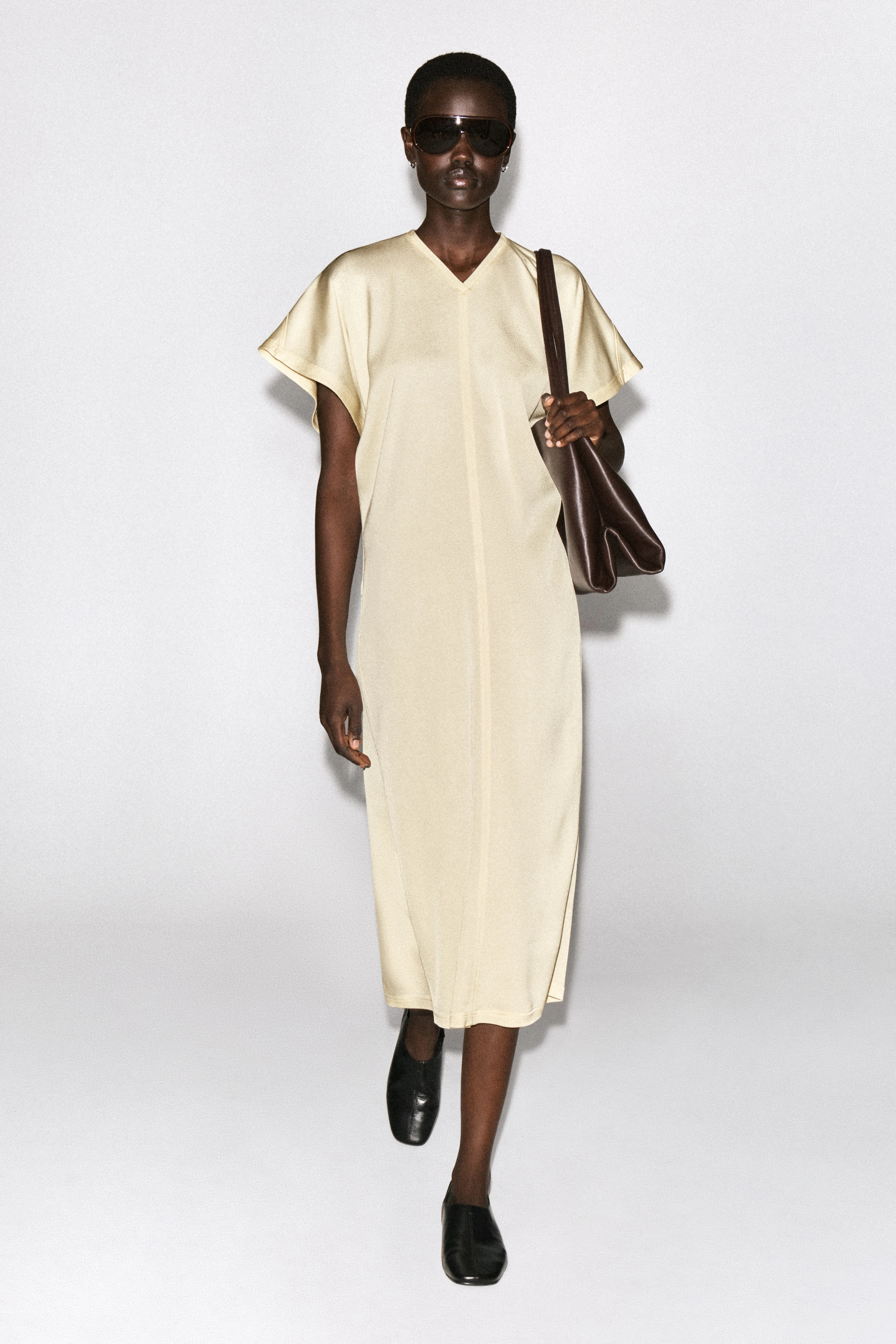 DRAPED V-NECK CREPE MIDI DRESS - 1