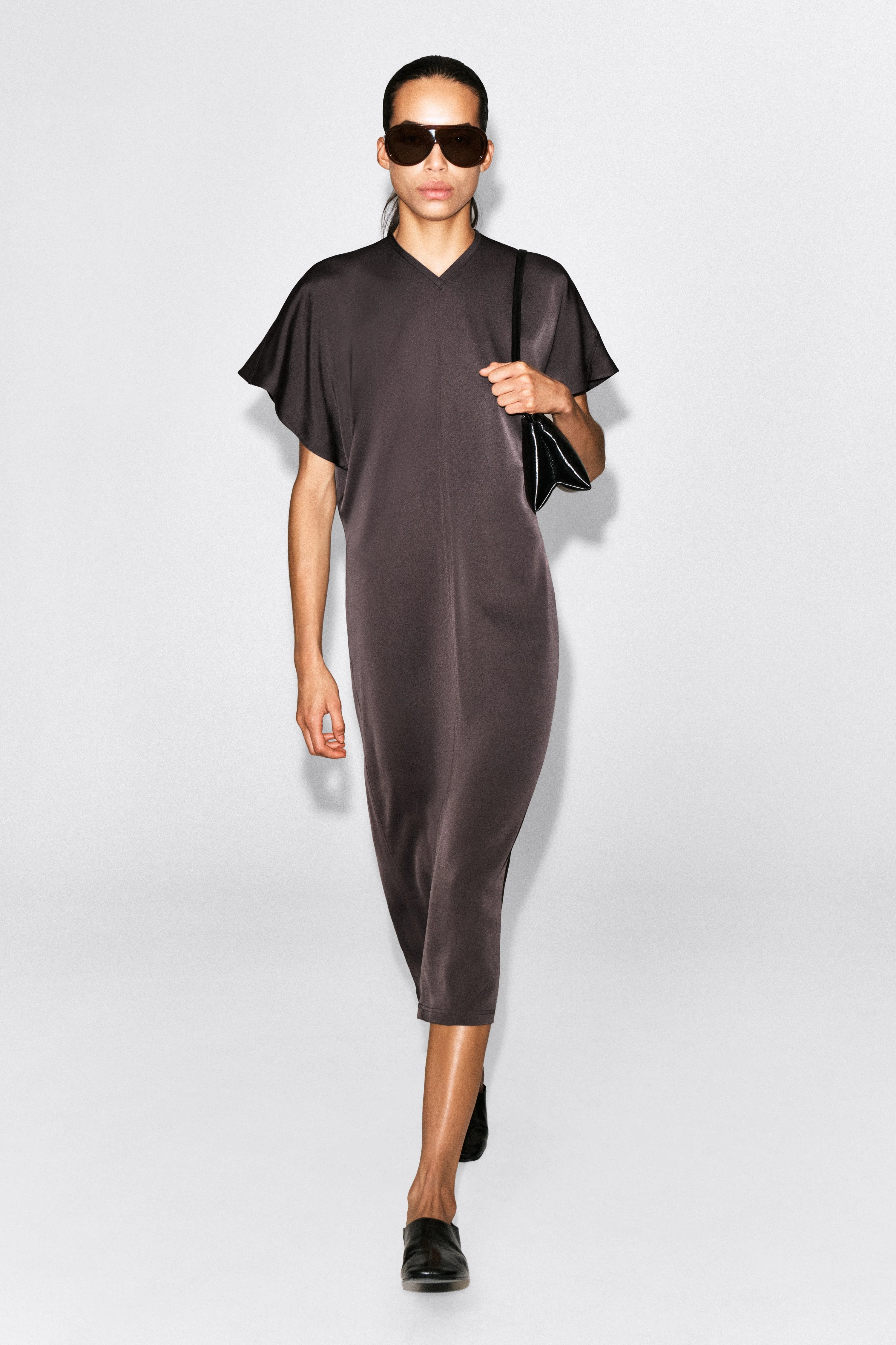 DRAPED V-NECK CREPE MIDI DRESS - 1