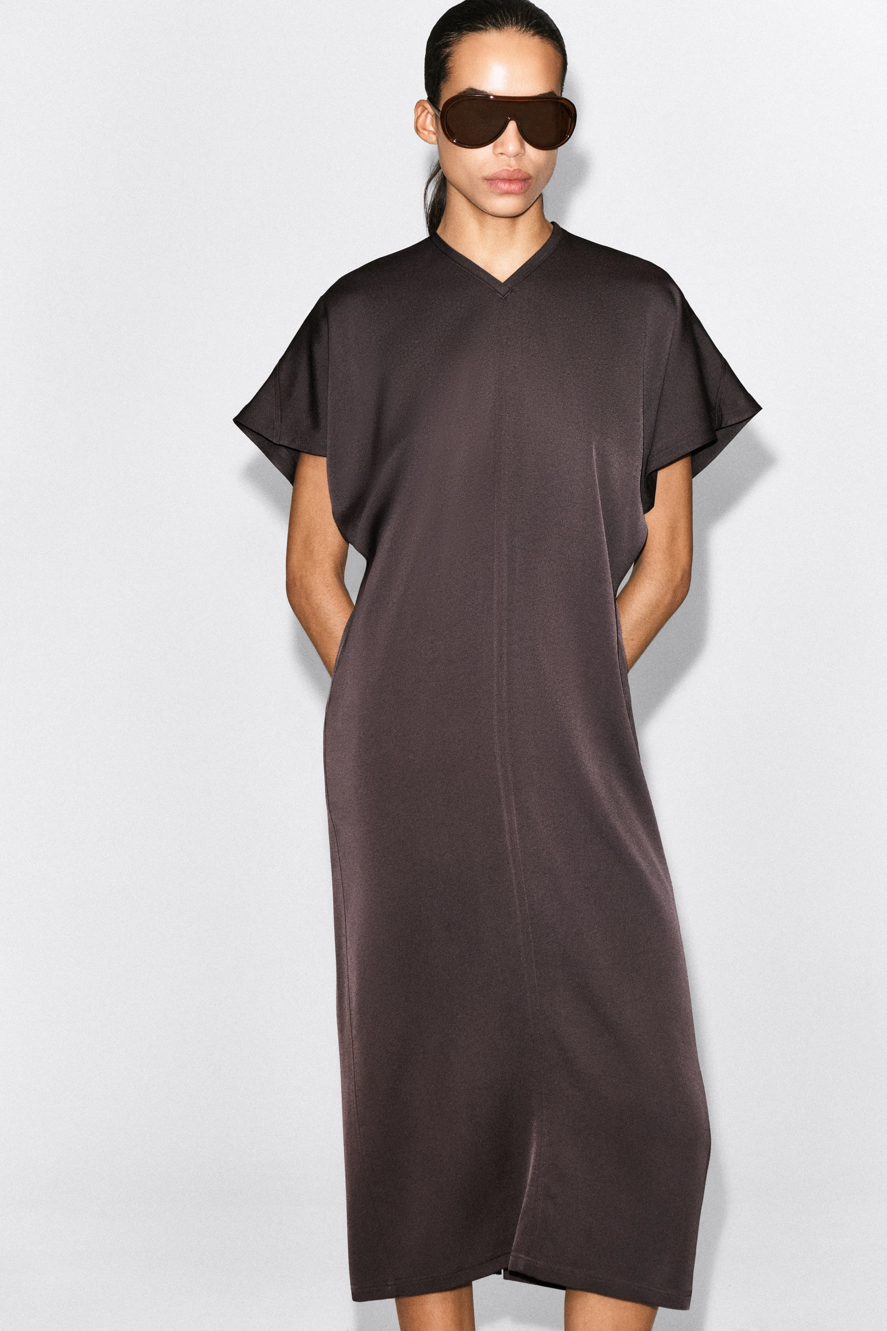 DRAPED V-NECK CREPE MIDI DRESS - 5