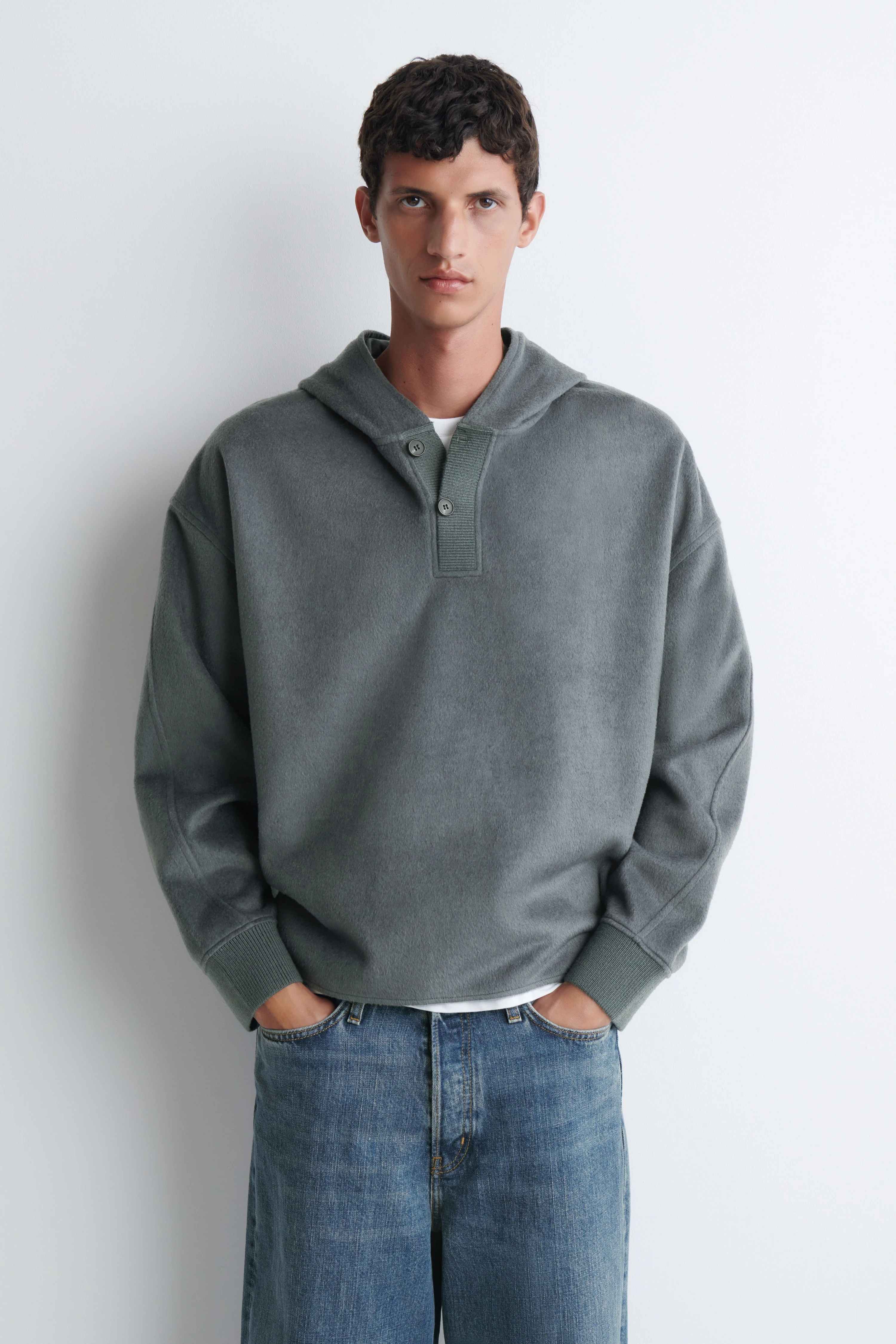 BRUSHED JERSEY HENLEY HOODIE