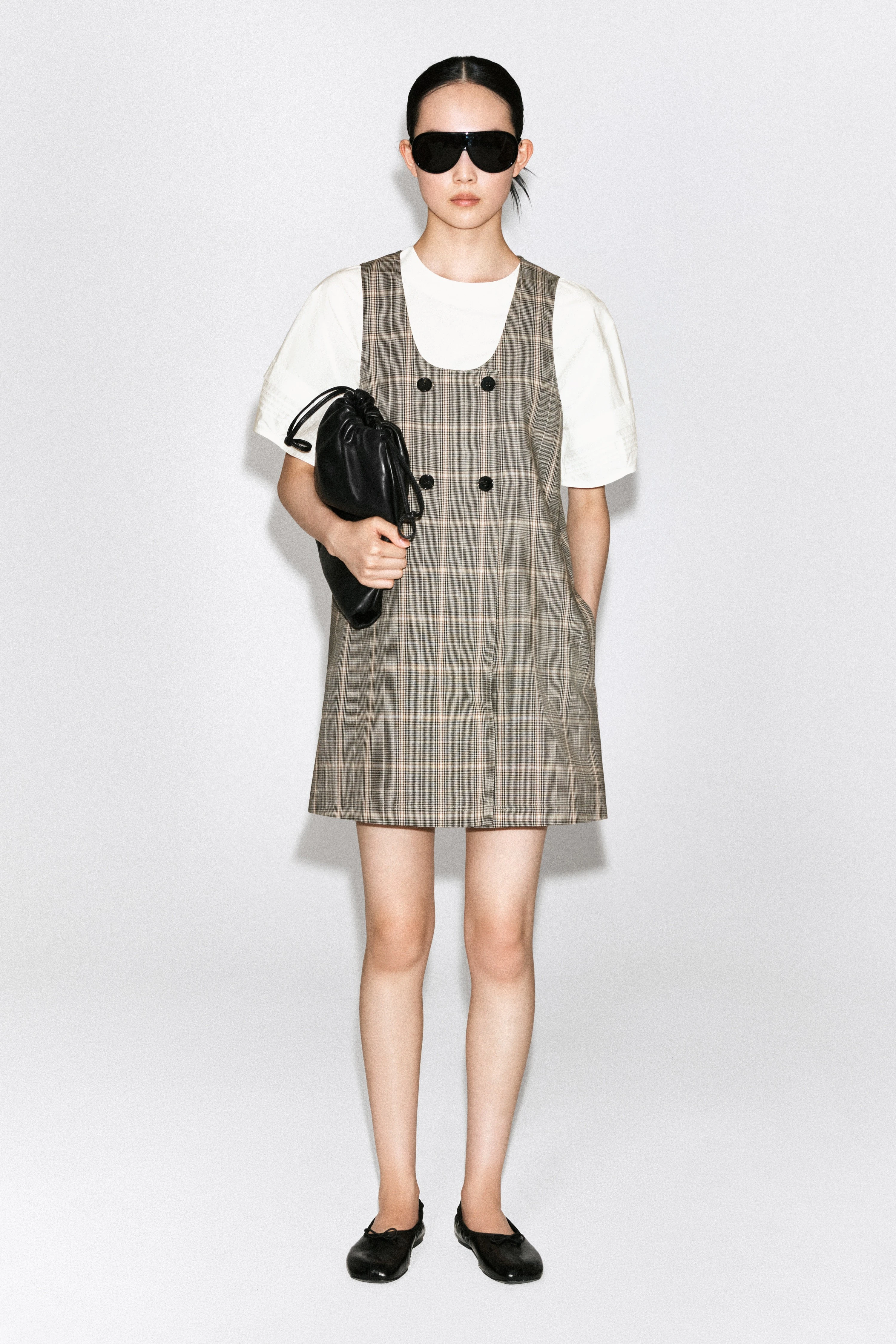 CHECKED WOOL MINI PINAFORE DRESS - 1