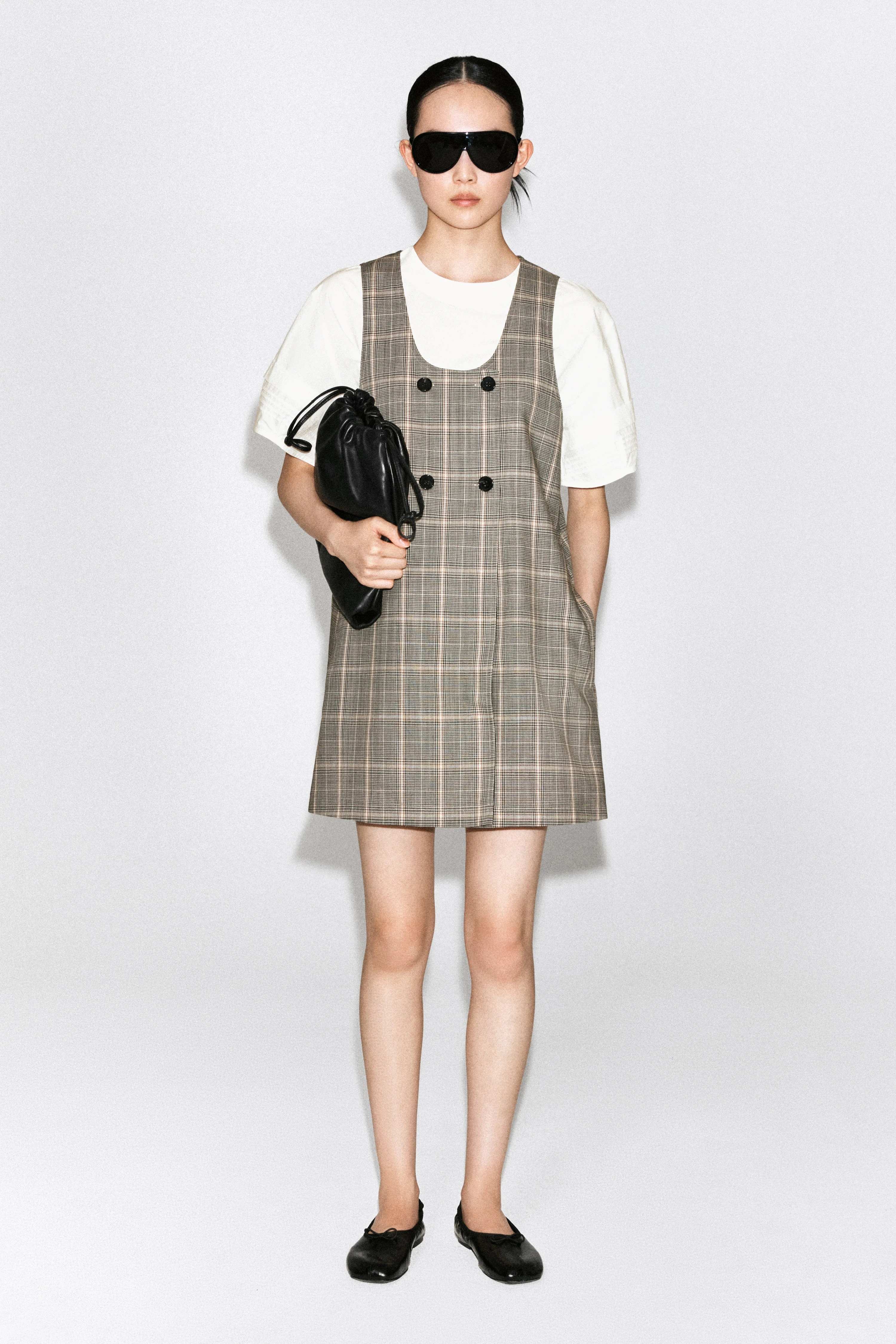 CHECKED WOOL MINI PINAFORE DRESS - 1