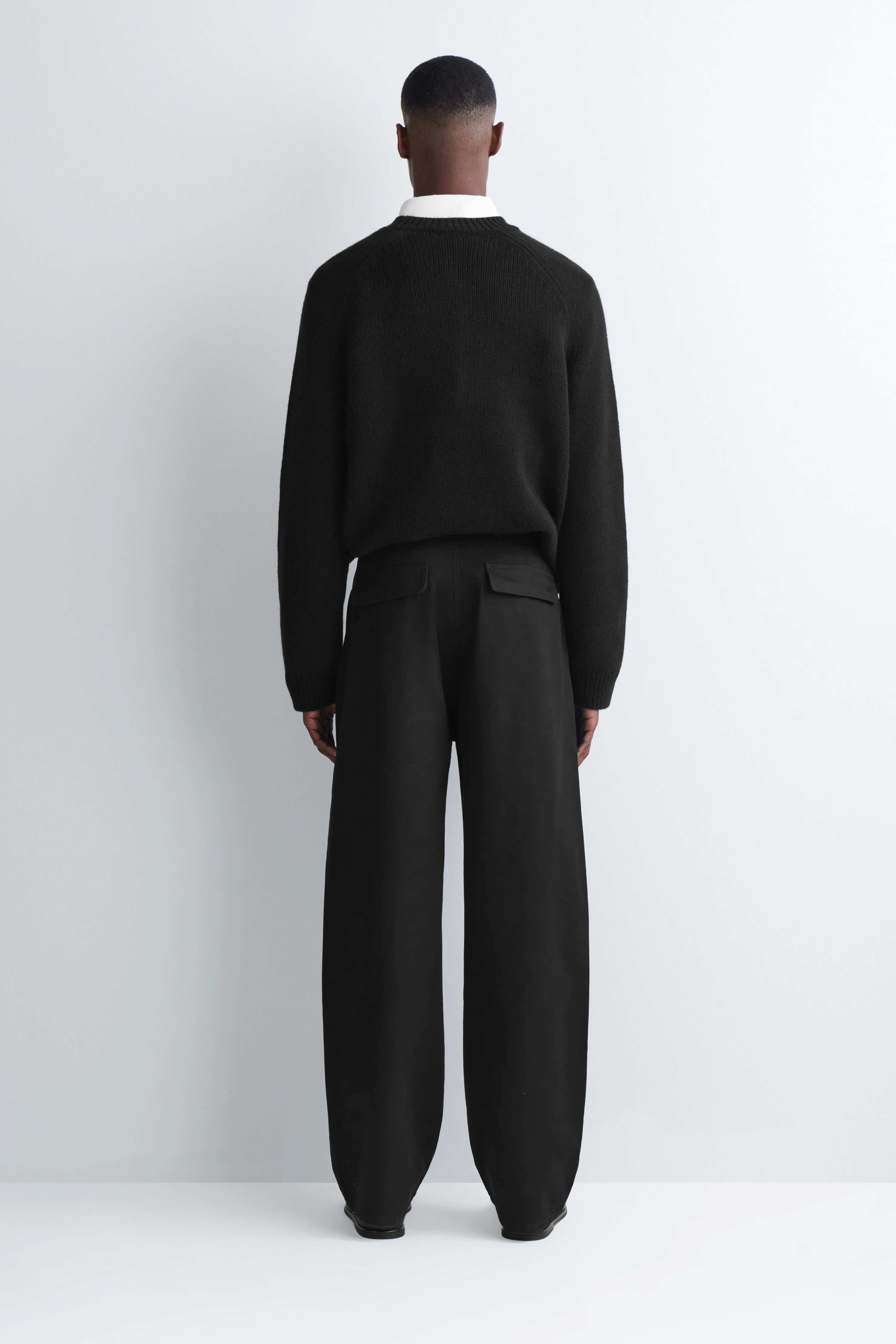 BUCKLED DENIM RELAXED-FIT BARREL-LEG TROUSERS