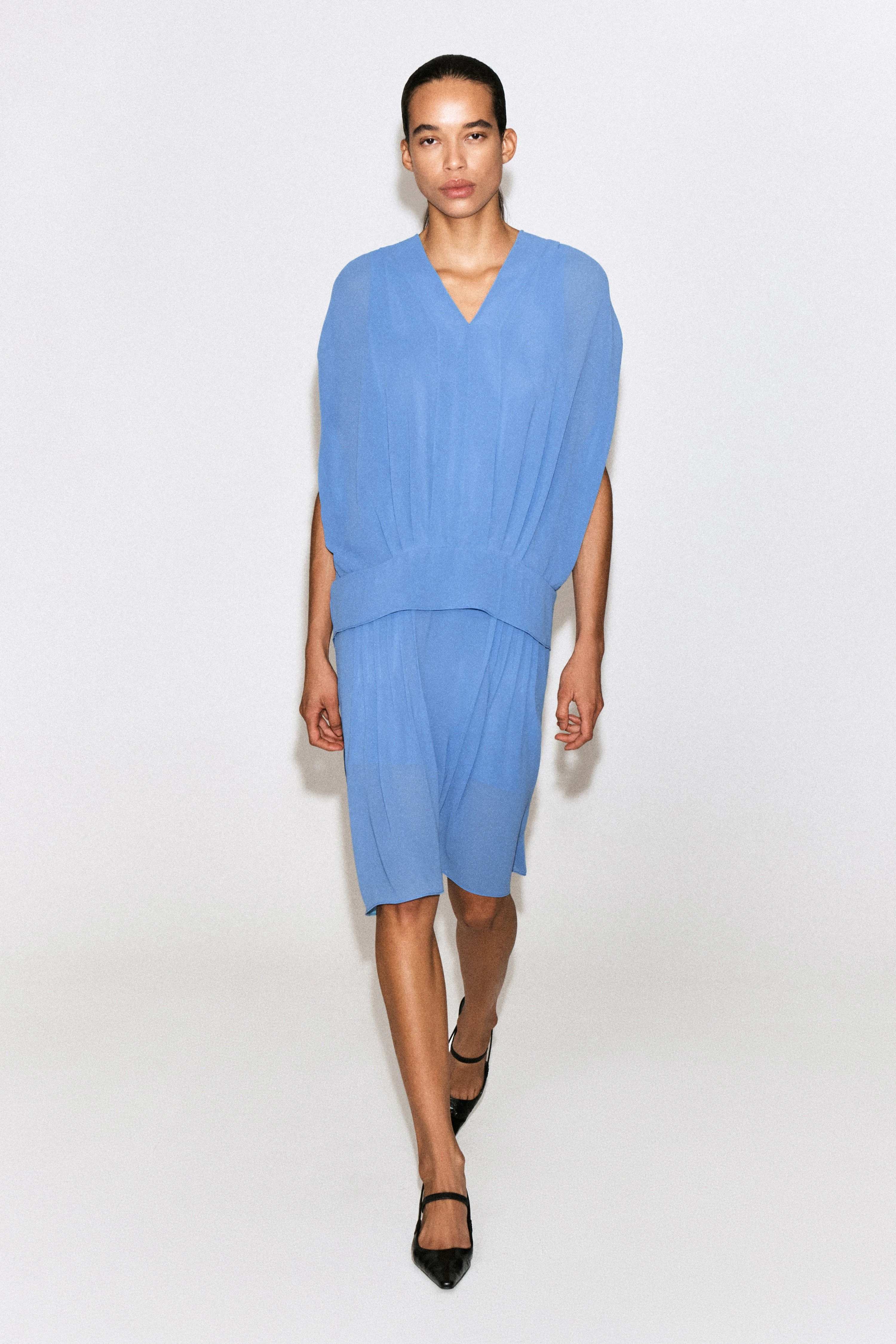 DRAPED PLEATED V-NECK MIDI DRESS - 1