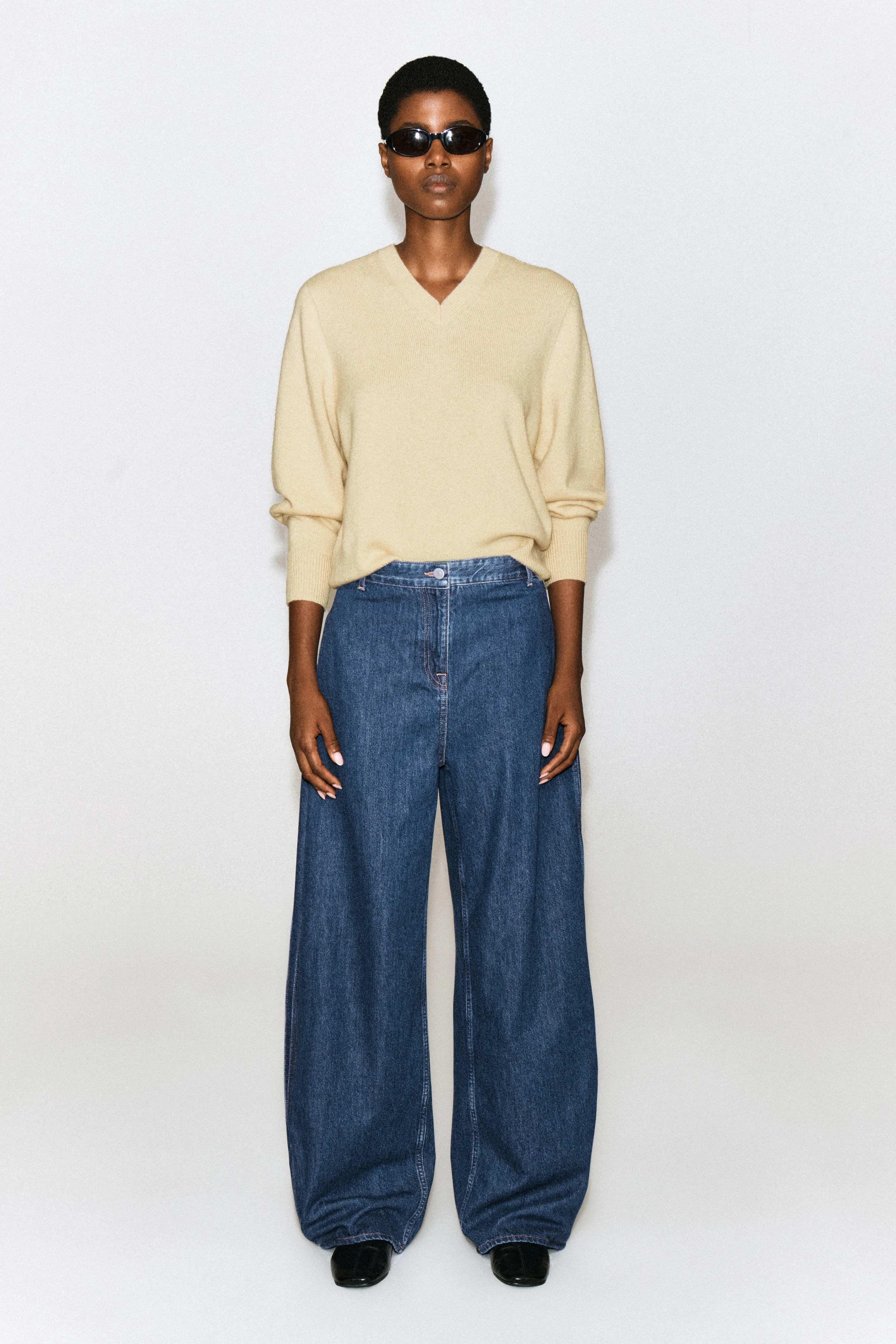 PLEATED-PANEL DENIM BARREL-LEG TROUSERS - 1