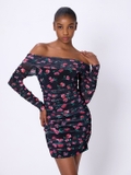 Ruched Mesh Bardot Bodycon Dress