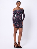 Ruched Mesh Bardot Bodycon Dress