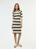 Beige white multi stripe bodycon midi