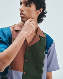 Patchwork Linen Men's Camp Collar Shirt