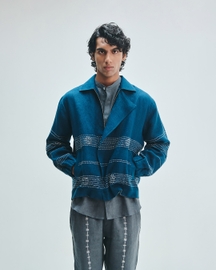 Indigo Linen Kantha Flap Collar Jacket
