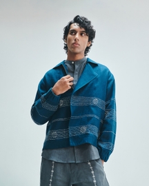 Indigo Linen Kantha Flap Collar Jacket